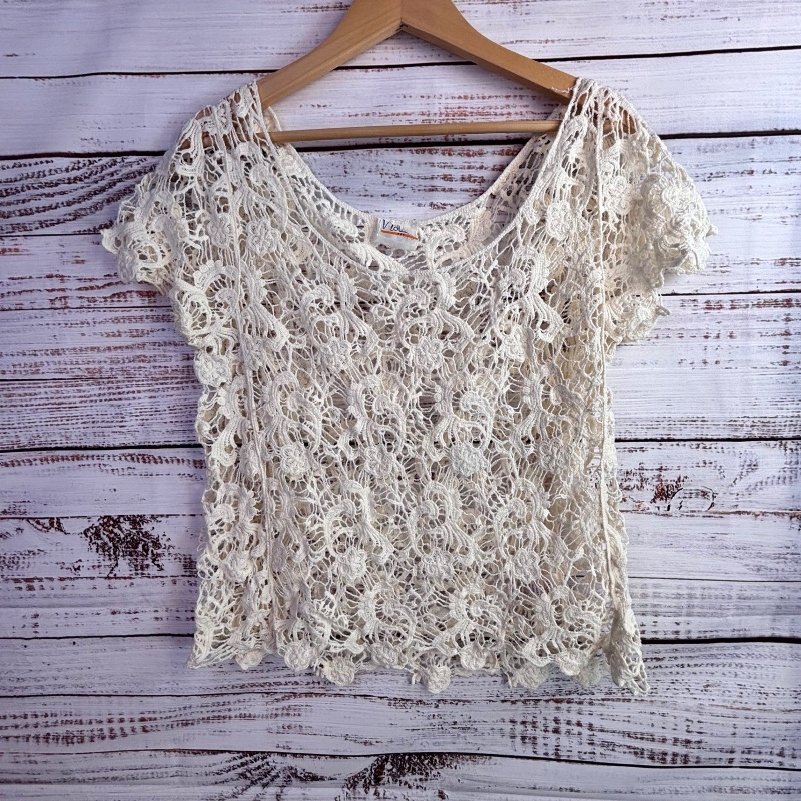 Vintage Crochet Top M Cream 100% Cotton Cottagecore Boho Romantic Shabby Chic
