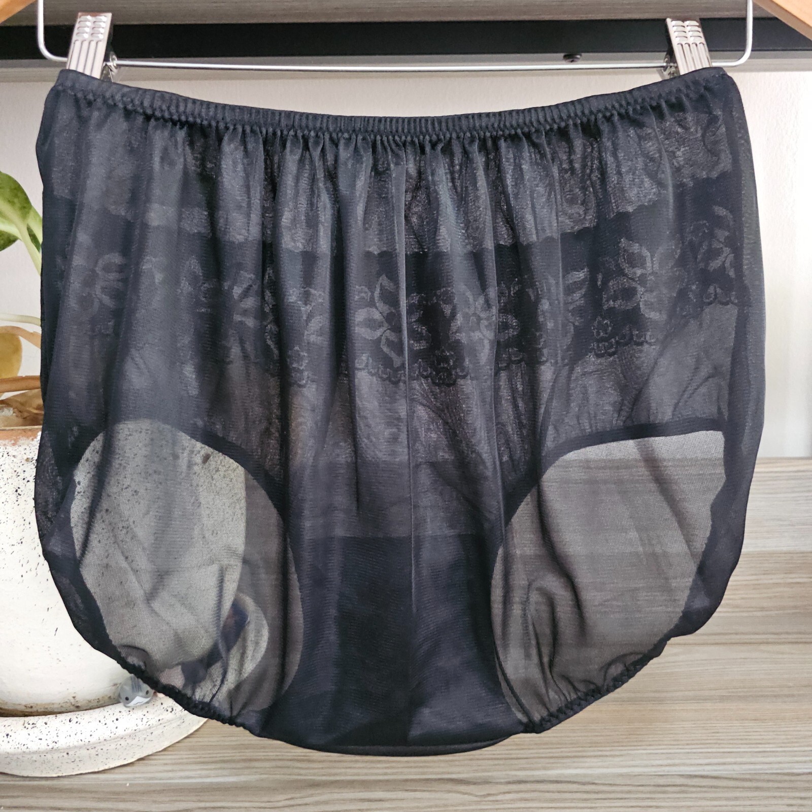 Vintage Sheer Nylon Panty Black Sissy Flower Lace Granny Brief Size 8 Hip 39-43″