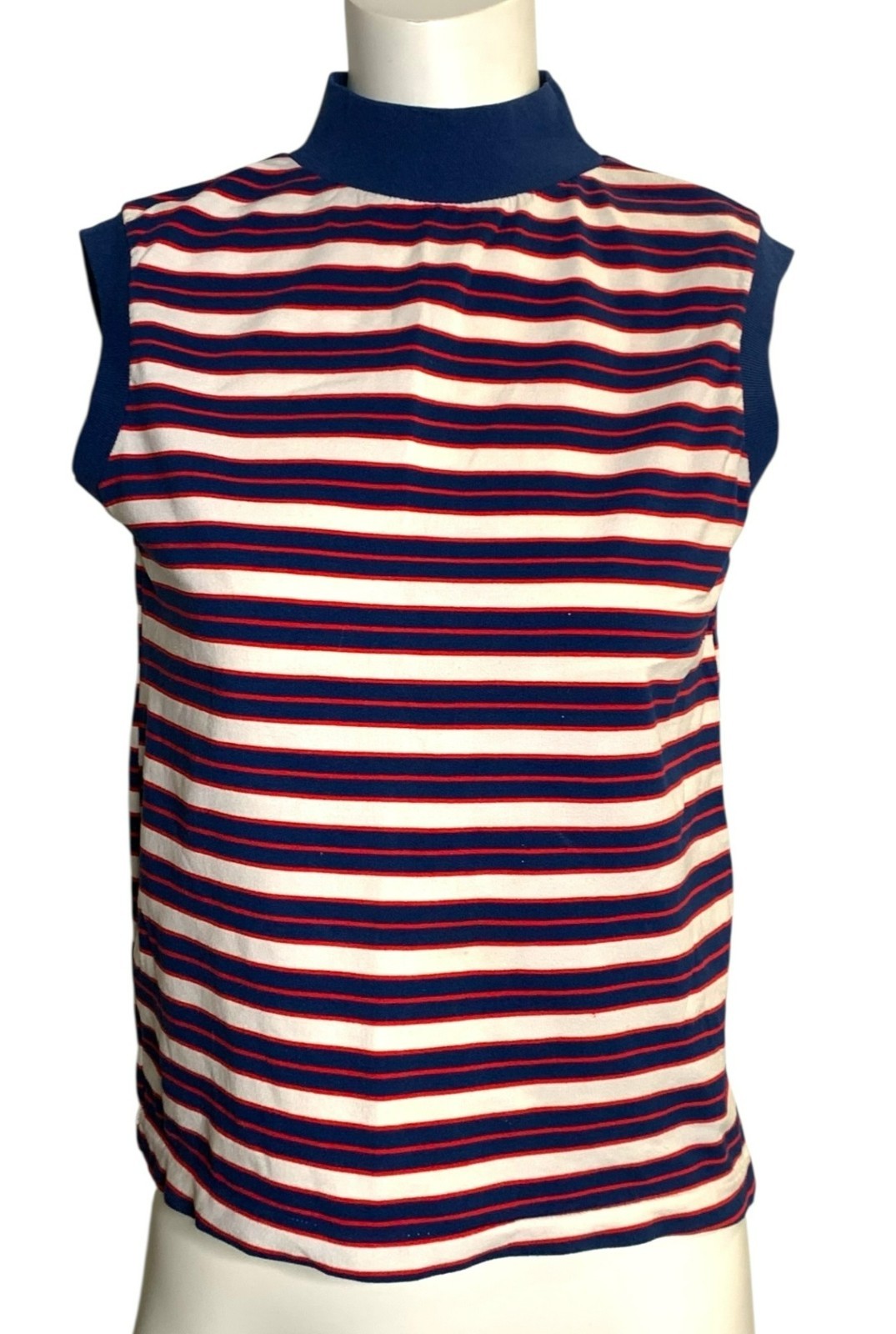 VTG 70s Striped Mod Preppy Blue Red Retro Academic Sleeveless Indie Top