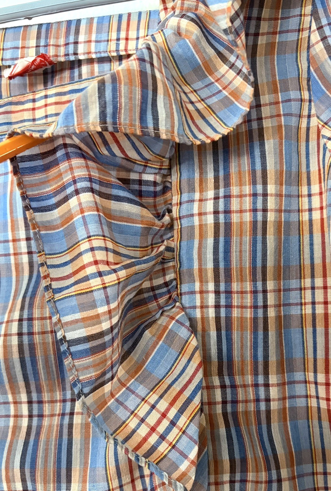 Vintage 70s Plaid Prairie Ruffle Blouse M Cottagecore Puff Sleeve Peasant Top