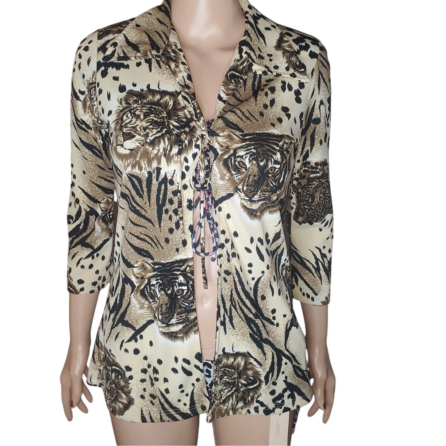 Rave Vintage Y2K Tiger Lion Print Tie Front Top Women’s S Animal Print