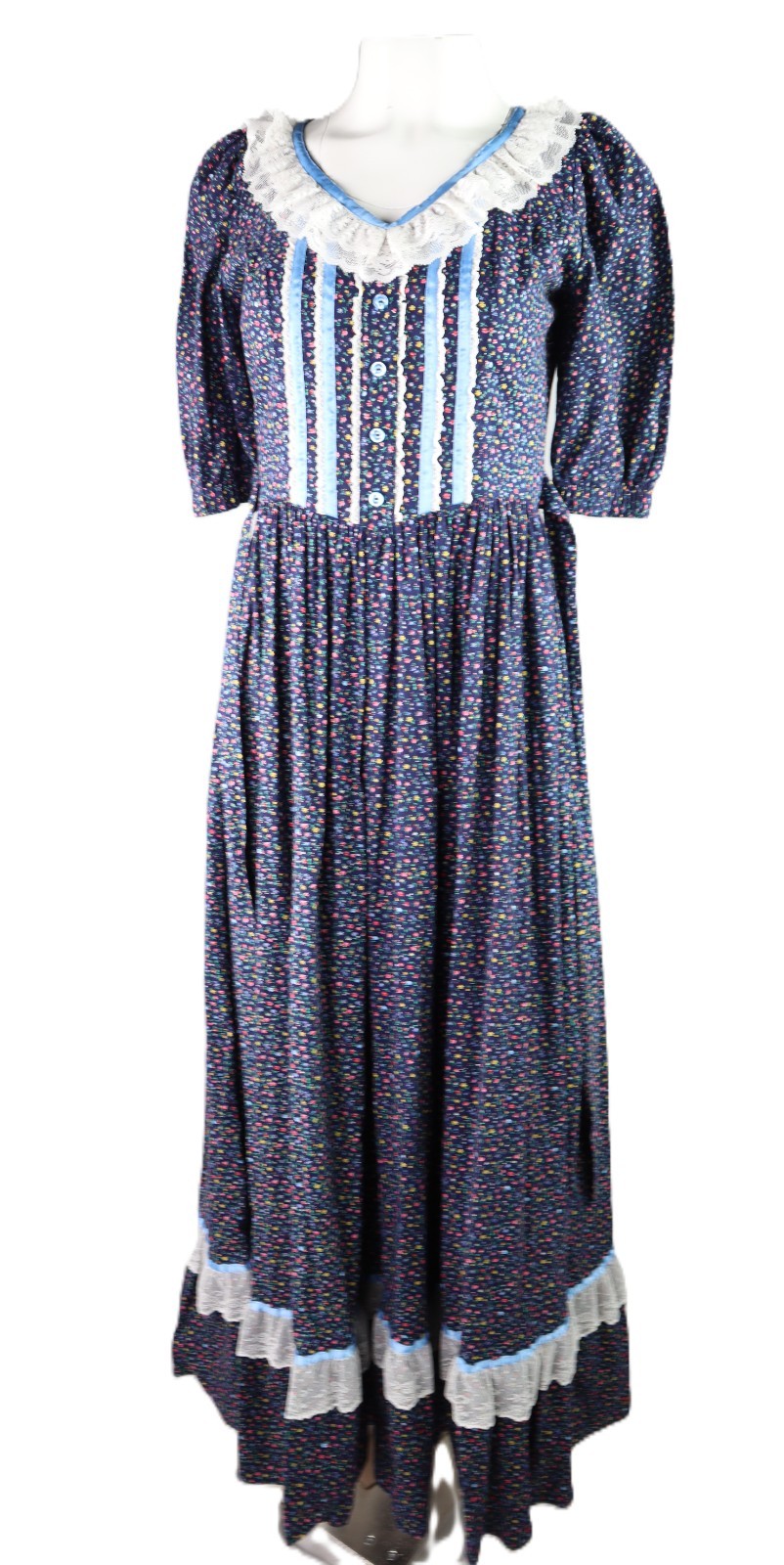 VTG 70s 8 S M Cottage Prairie Floral Print Long Maxi Lace Half Sleeve Dress Blue