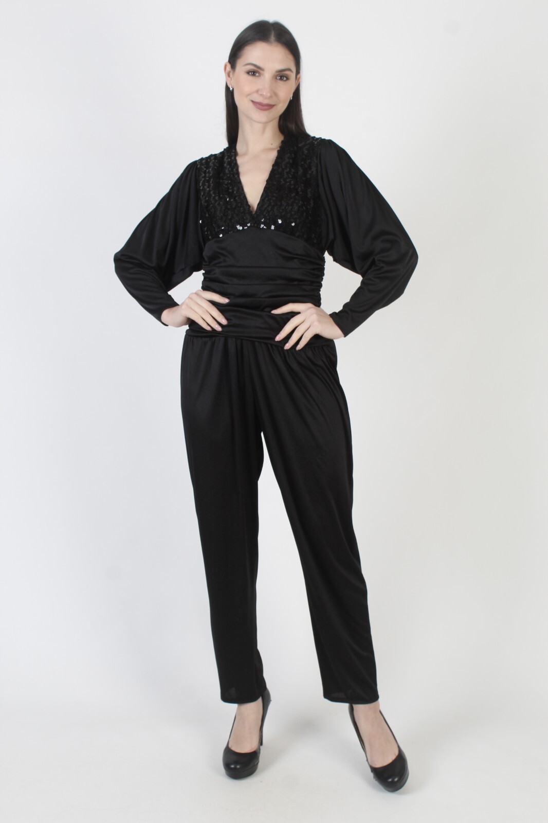 Vintage 80s Black Sequin Jumpsuit Deep V Open Back Backless Disco Maxi Playsuit