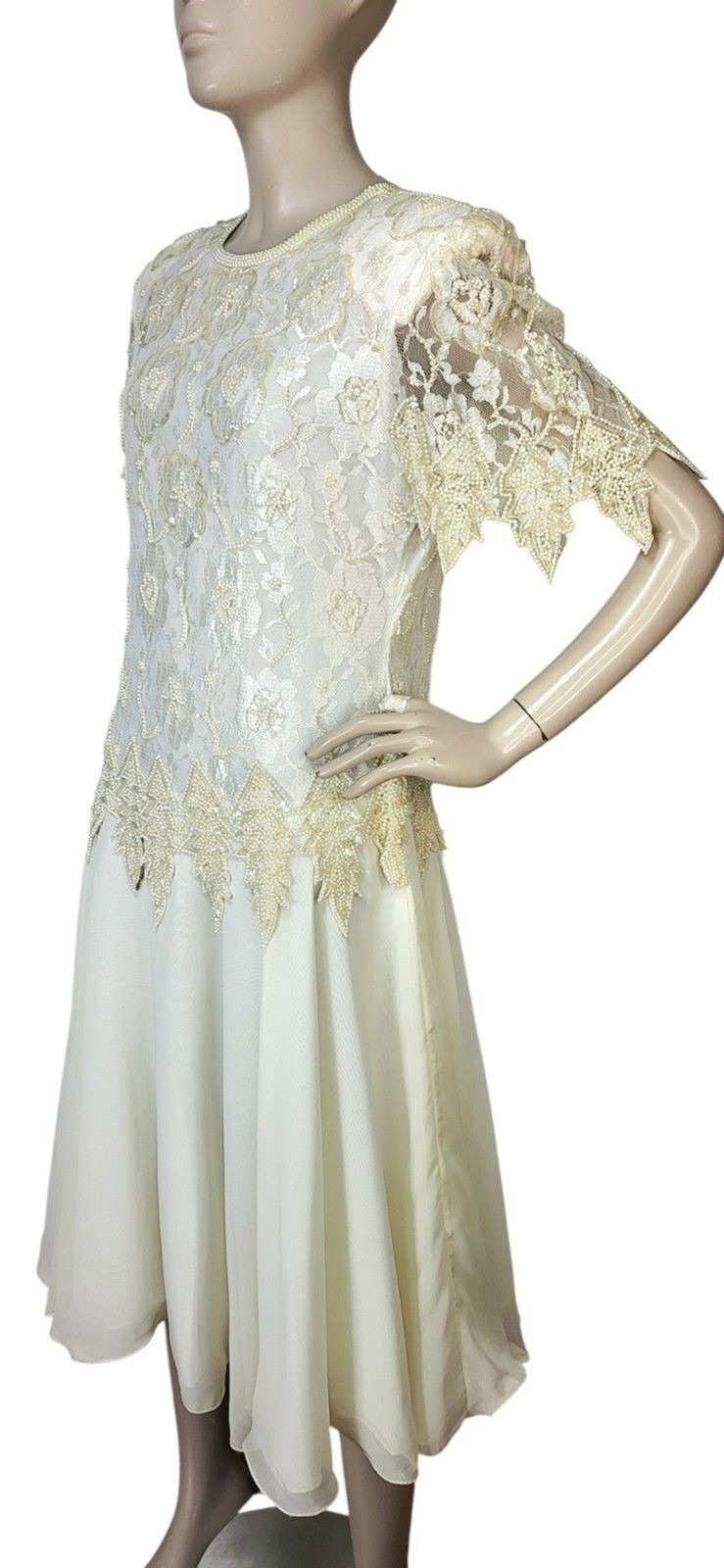 Vintage Laurance Kazar Creme Pearl Beaded Sequined Tiered Chiffon Formal Dress