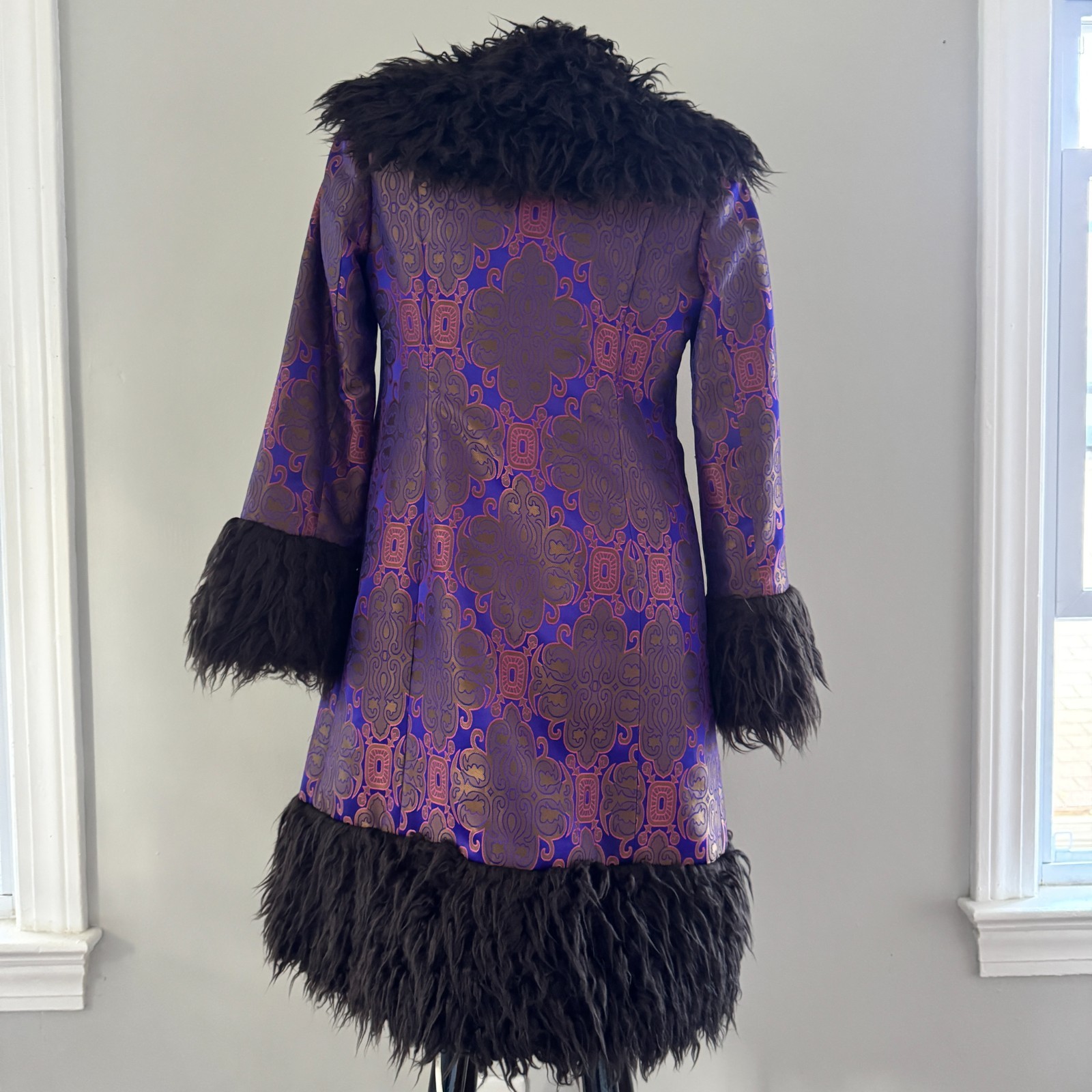 90s vtg VIVIENNE TAM Purple Gold IRIDESCENT Brocade Rave Penny Lane Fur Coat Y2K