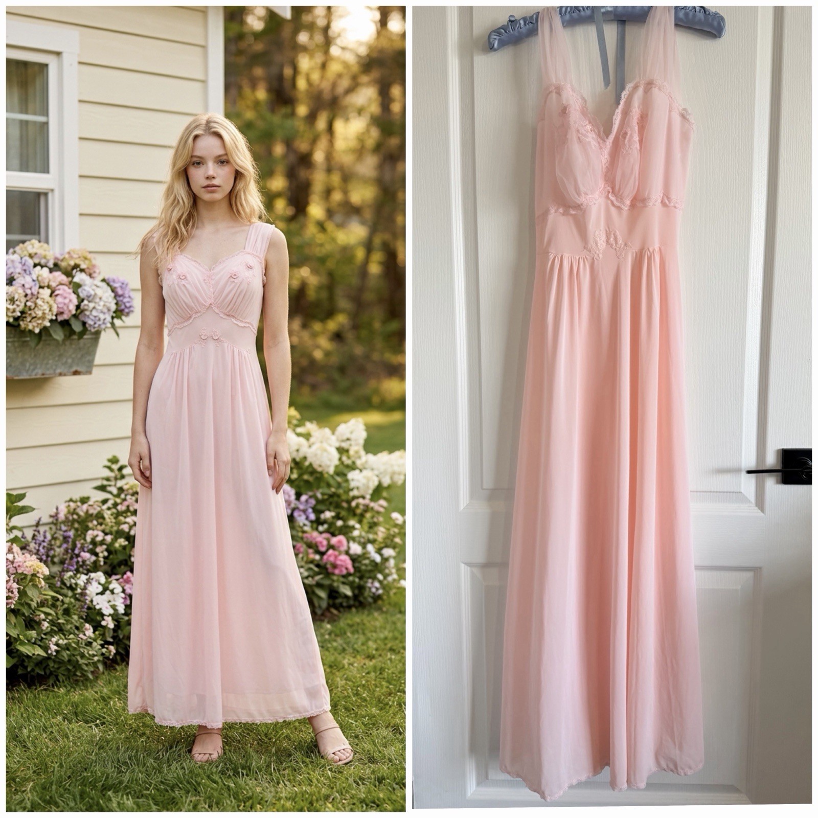 VTG 60s ARTEMIS Light Pink Nylon EMBROIDERED CUPS NIGHTGOWN Size 34