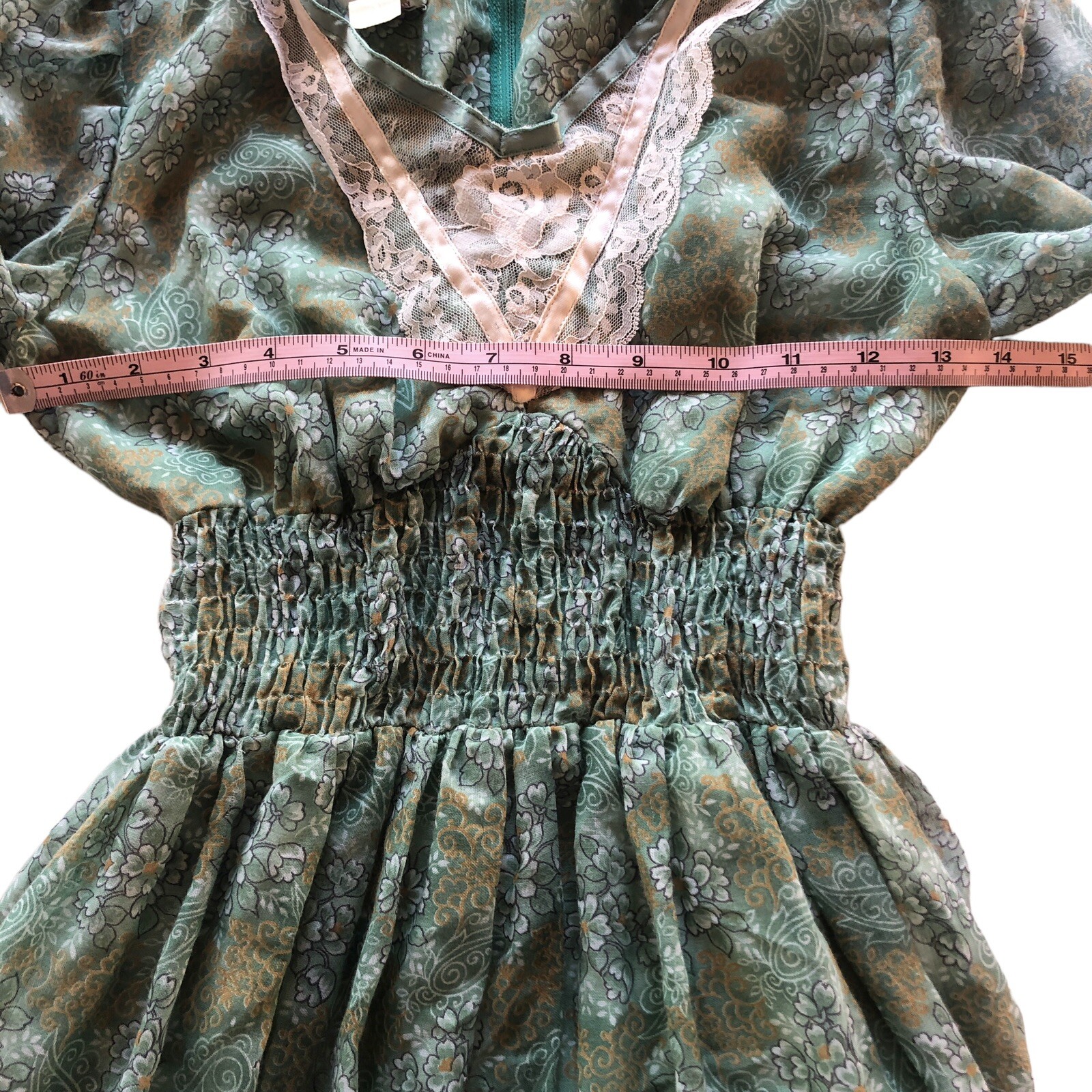 Vintage Maxi Prairie Dress Candi Jones of California ￼Green Floral Boho 70s Sz 3