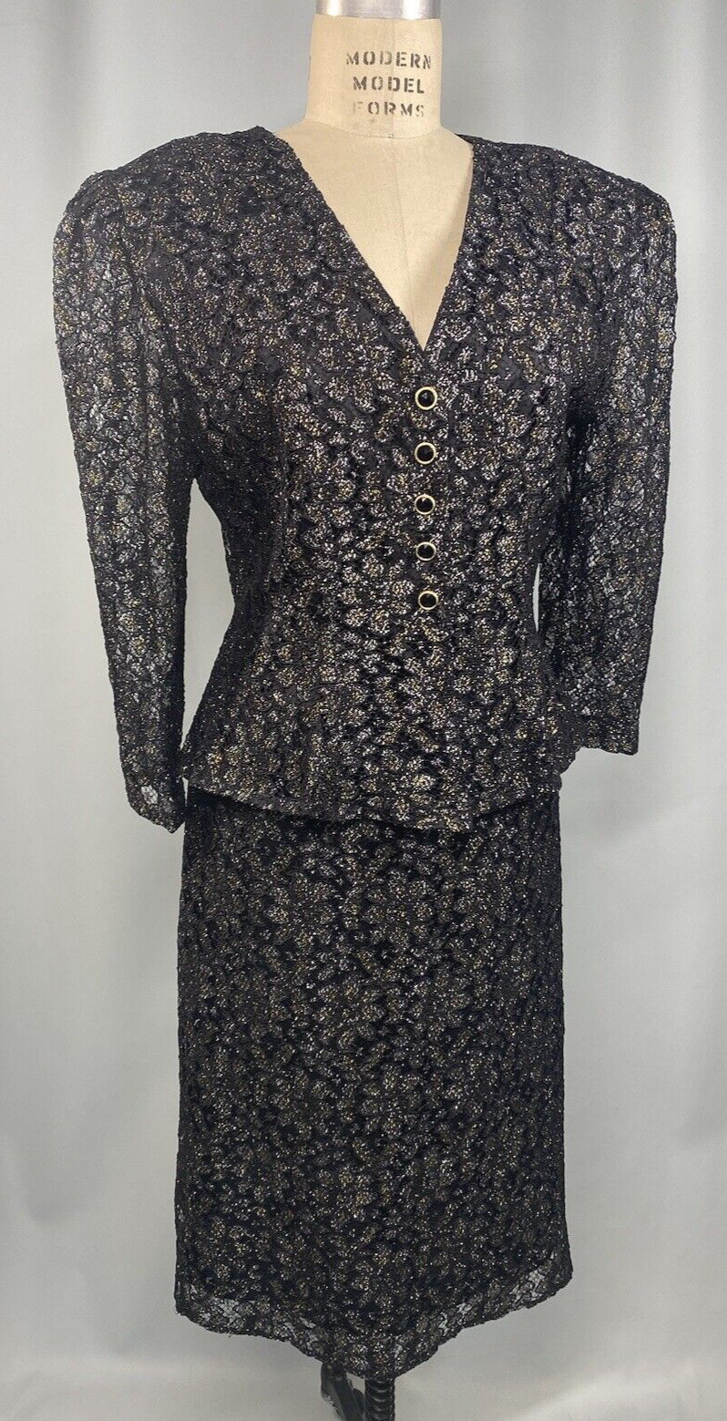 Women’s Vintage Skirt Suit SIZE LARGE 13/14 black metallic lace ALYN PAIGE 80s