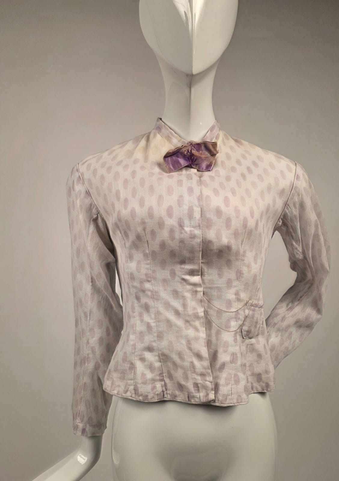 VICTORIAN 19TH C OVAL DOT MUSLIN BUSTLE BACK BODICE W WATCH POCKET