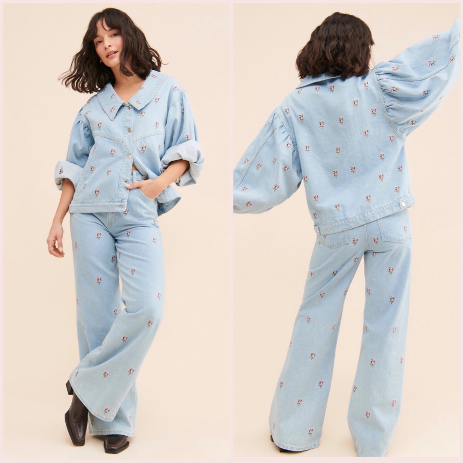Farm Rio Rose Embroidery Denim Jacket XS Oversized Balloon Sleeve Light Wash