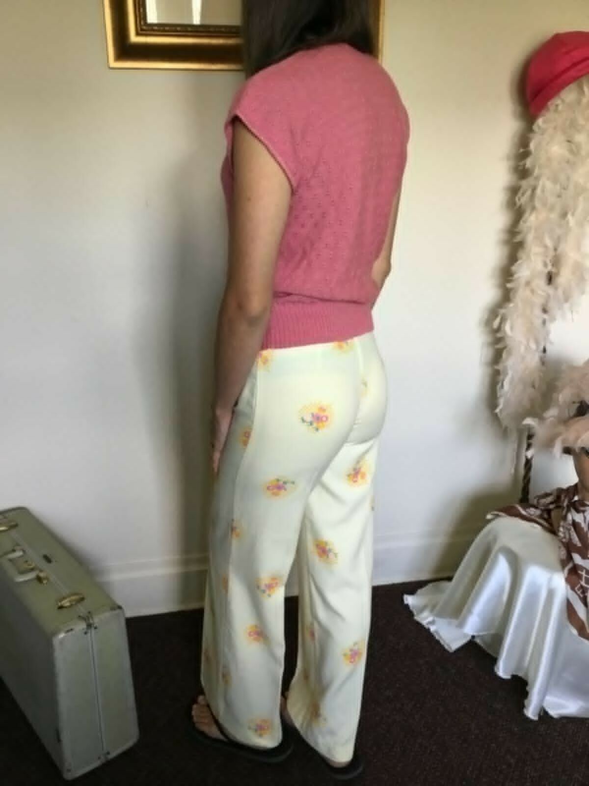70’s Vintage Yellow Hippie Pink Floral Hi-Waist Bell Bottom Pants