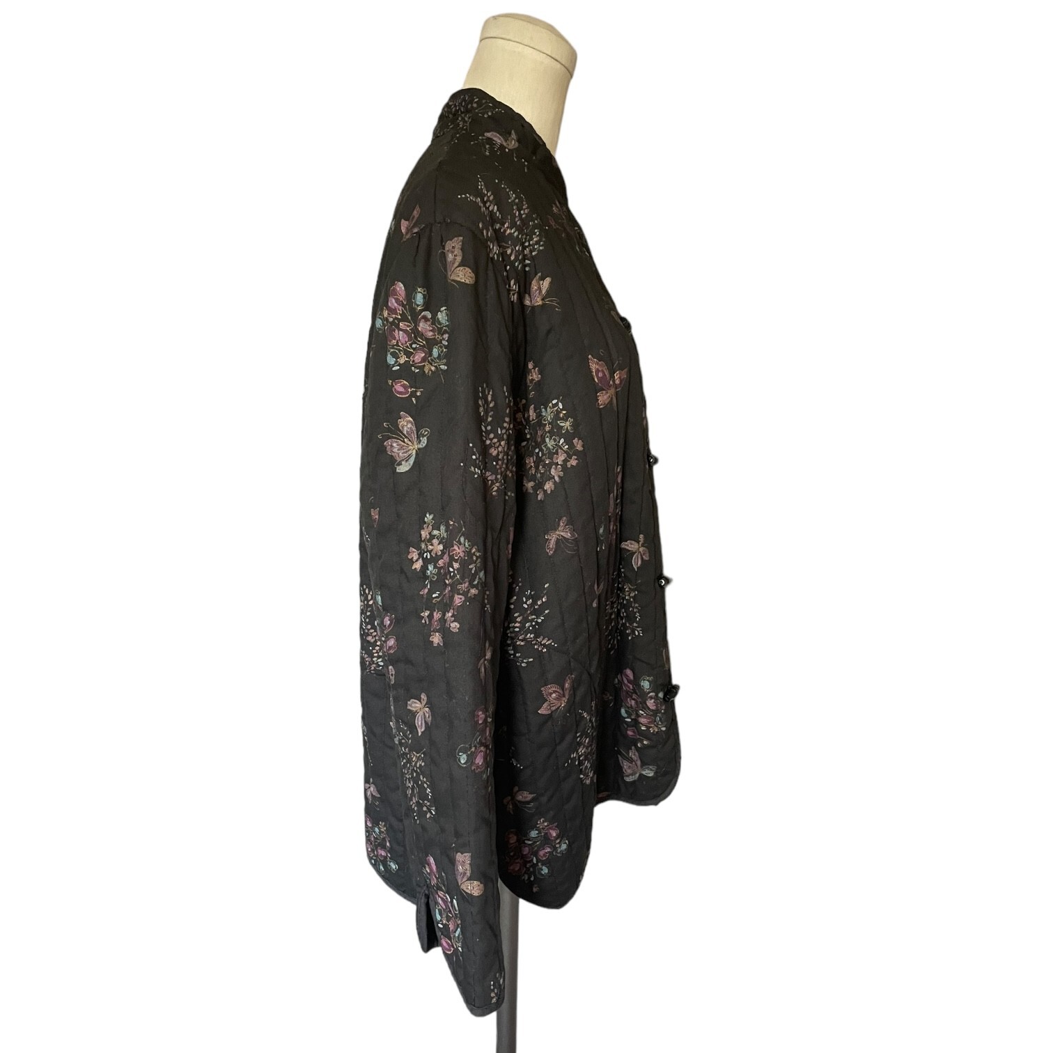 Vintage Jon Woods Quilted Butterfly Jacket Grey Purple Pink Floral Asian Look