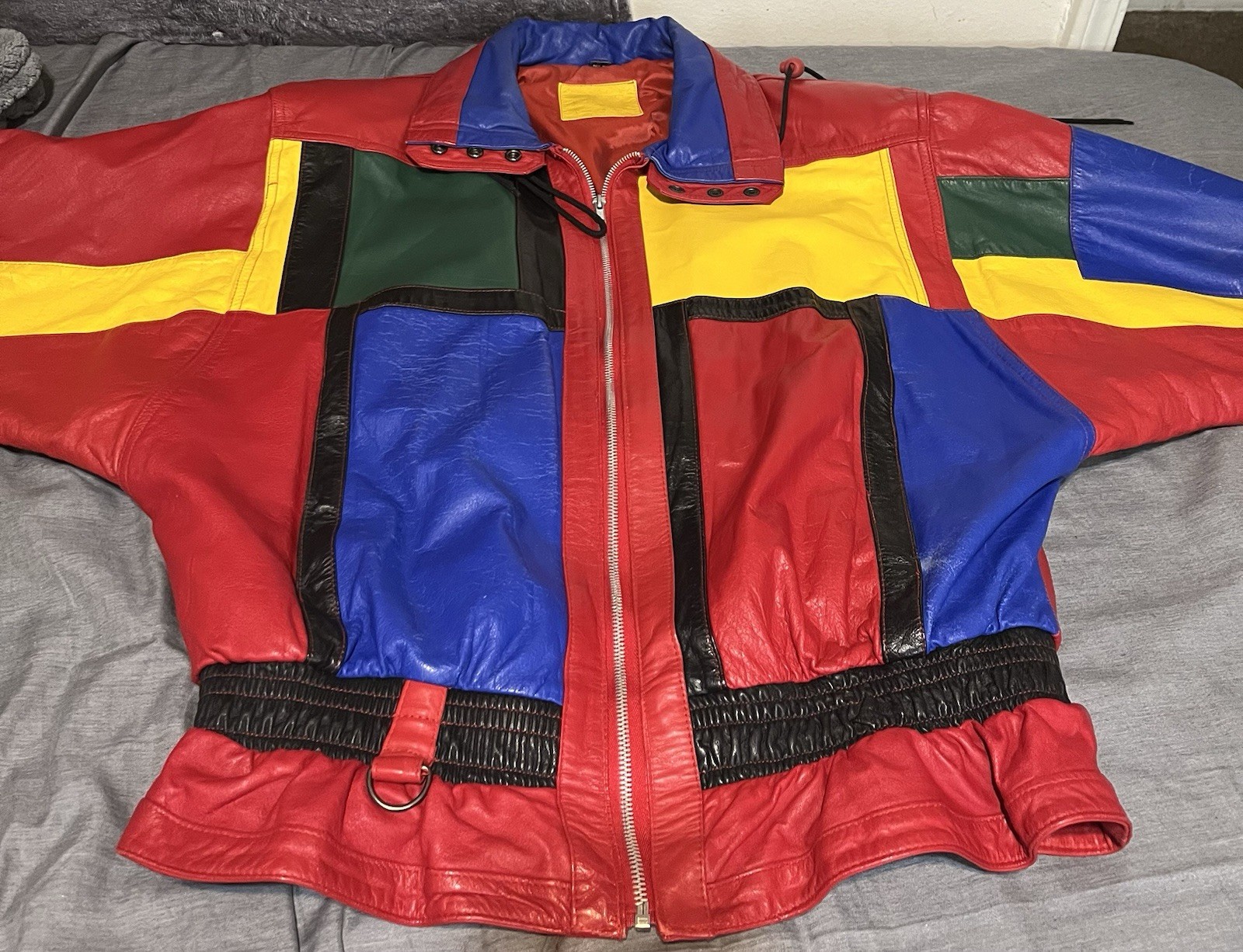 Vintage Mixed Blues Leather Jacket M 80s 90s Colorblock Genuine Leather Bomber
