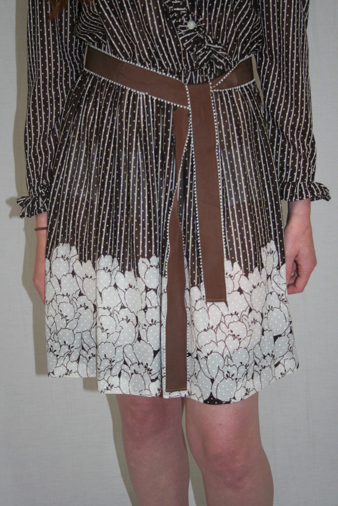 Vintage 80s Sheer Brown White Stripe FLORAL Dot Ruffle BOHO Secretary Dress M
