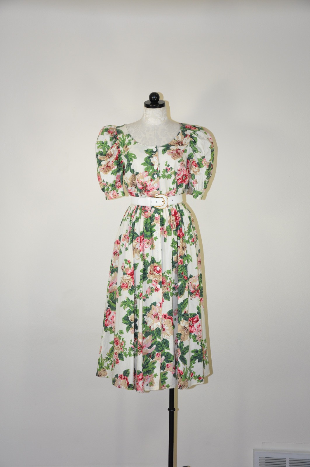 80s Vintage Pink Green Hibiscus Floral Puff Sleeve Romantic Midi Dress Women M L