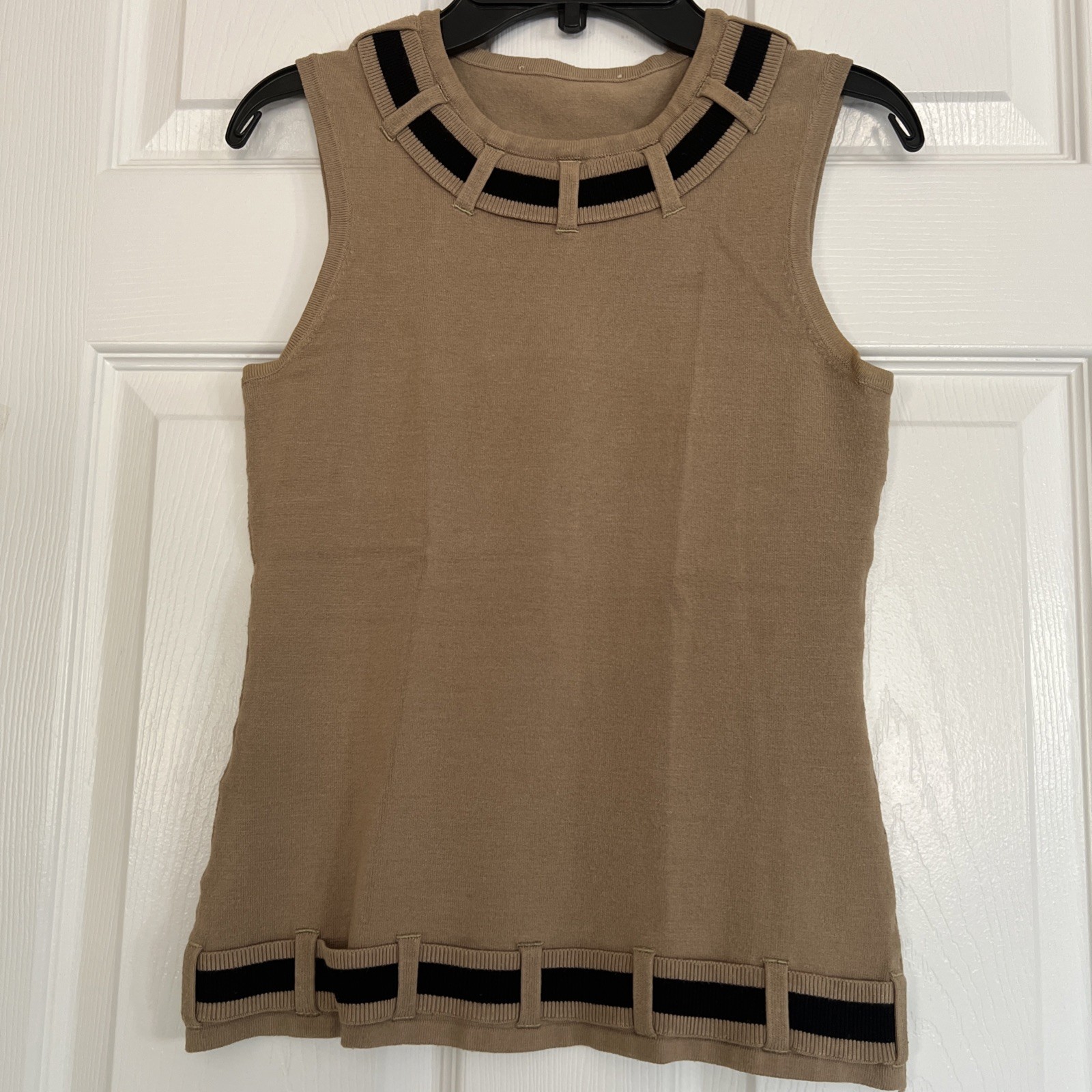 Vintage Etincelle Couture Tan Sleeveless Top & Midi Skirt Set W/Black Accent XS