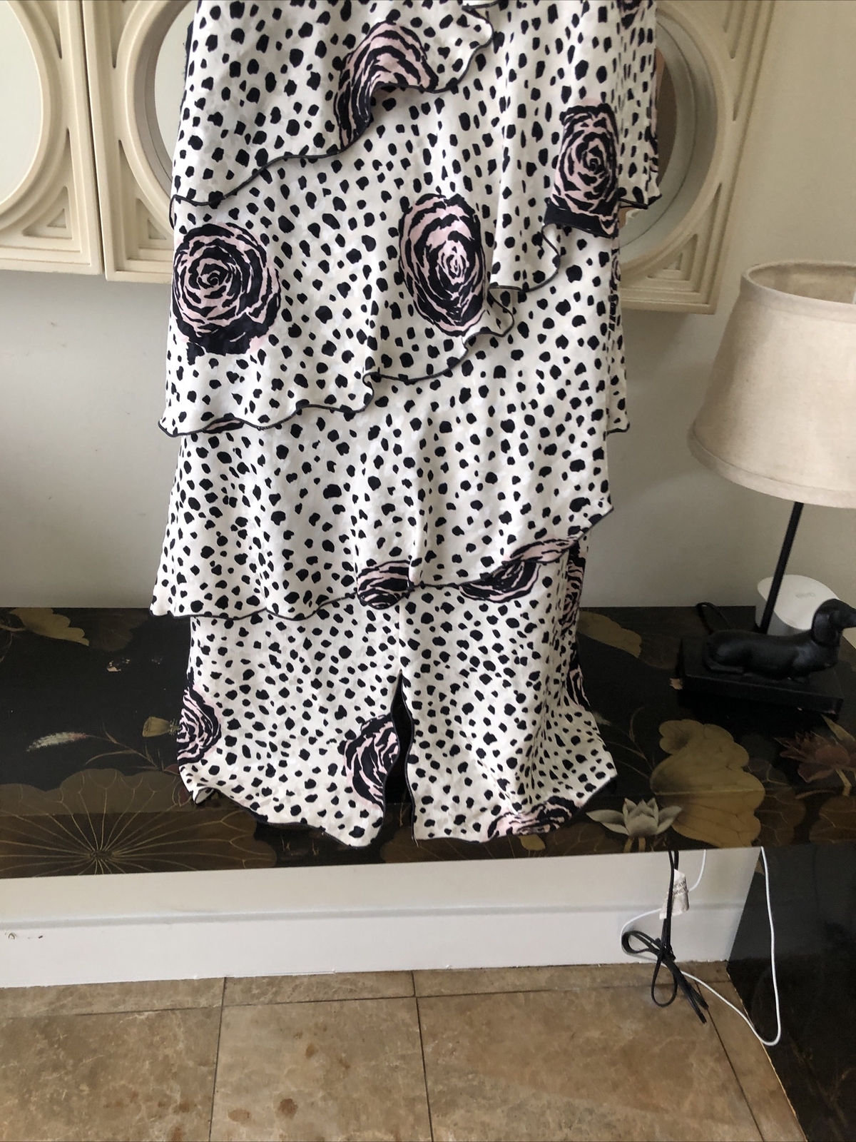 Holly Harp vintage 80s tiered floral & polk dot dress with pussy bow neck sash S