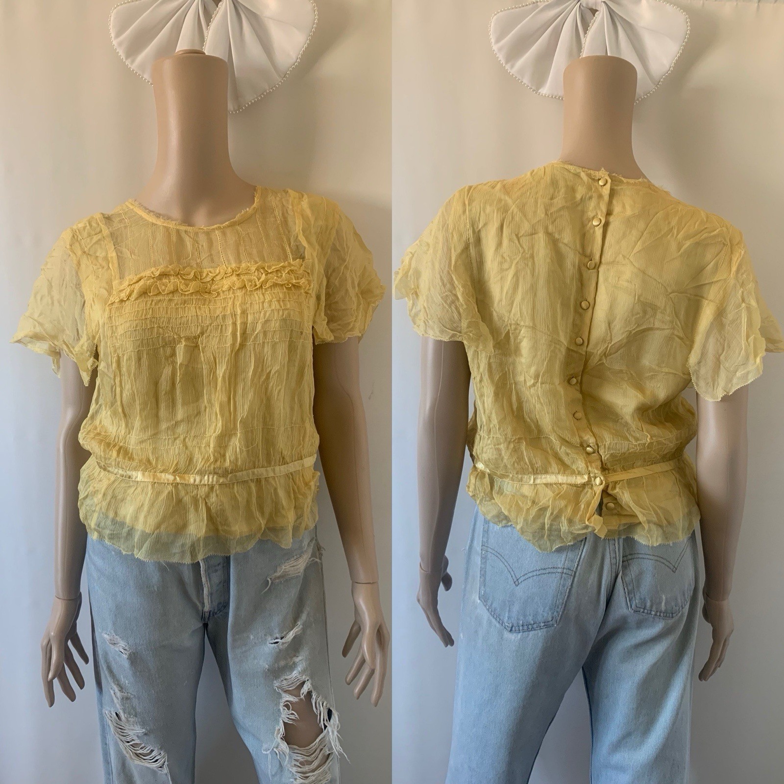 As Is vintage 90s Y2K designer yellow gold silk chiffon crop blouse top