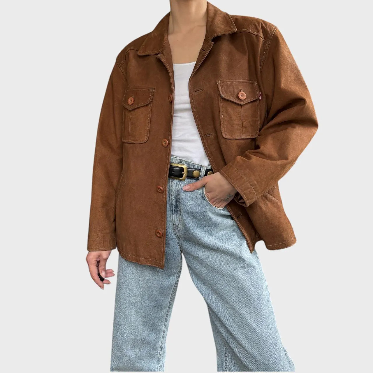 Vintage Brown Leather Jacket Oversized Unisex Button Up size US L/XL