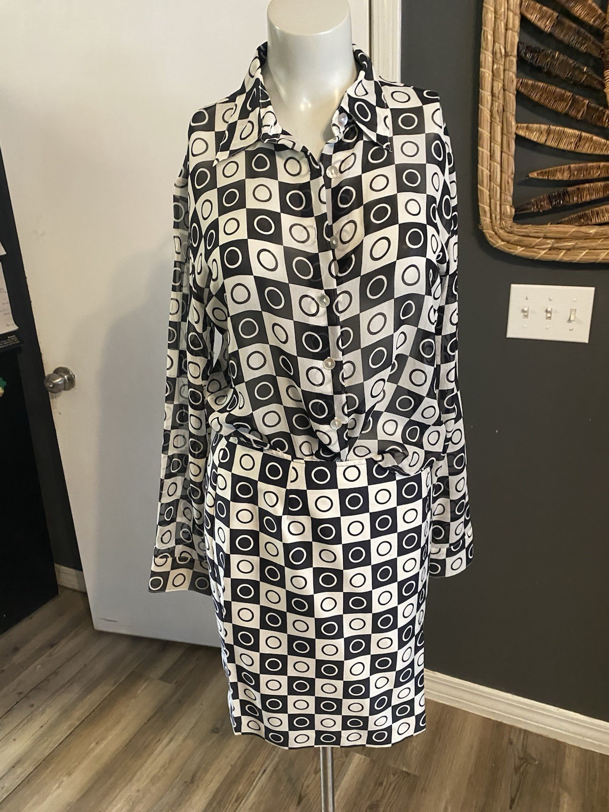 Vintage Paolo Santini 100% silk Sheer Long Sleeve & Skirt White & Black Geometri