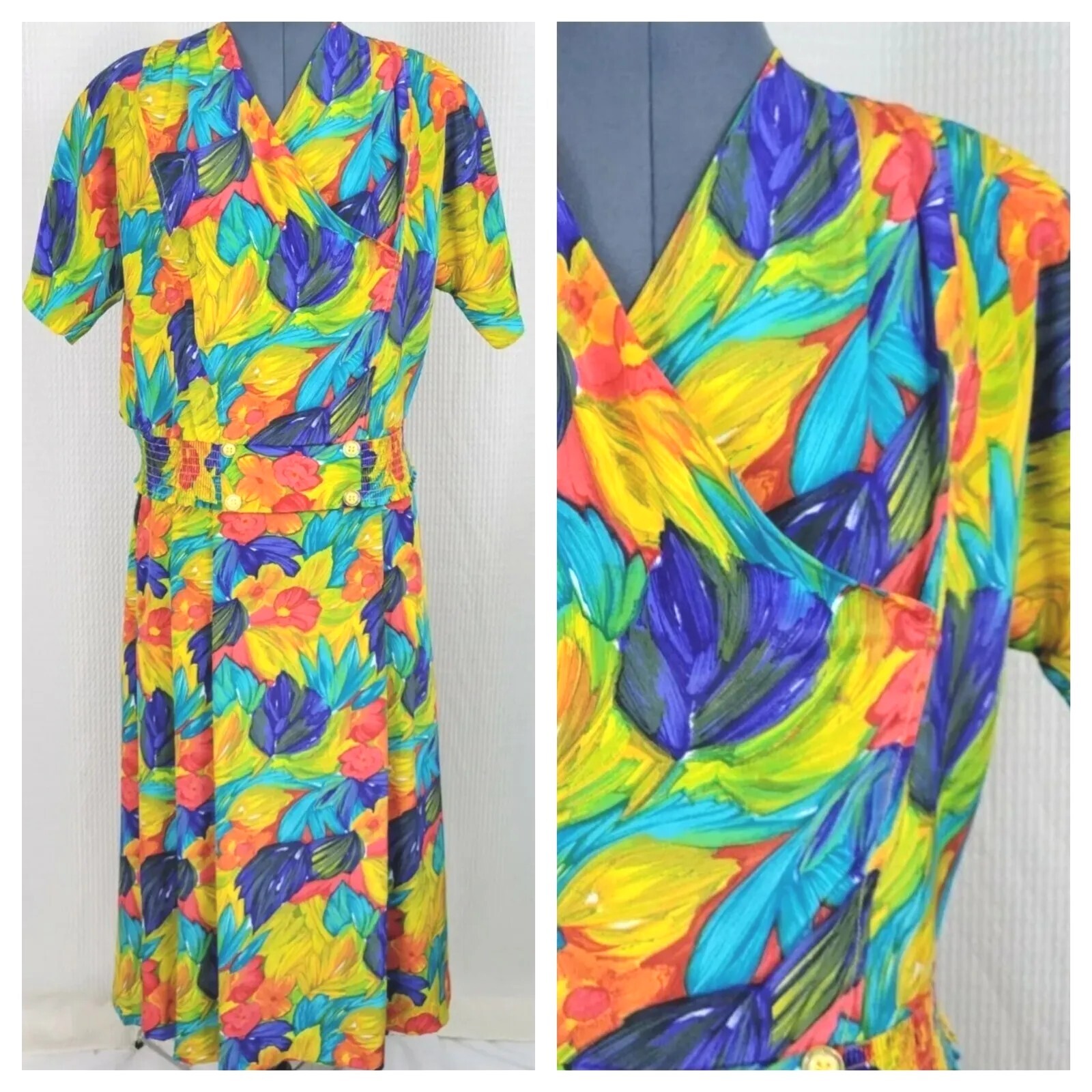 Vintage Eva Bright Tropical Printed Faux Wrap Top & Skirt Set Size 15/16