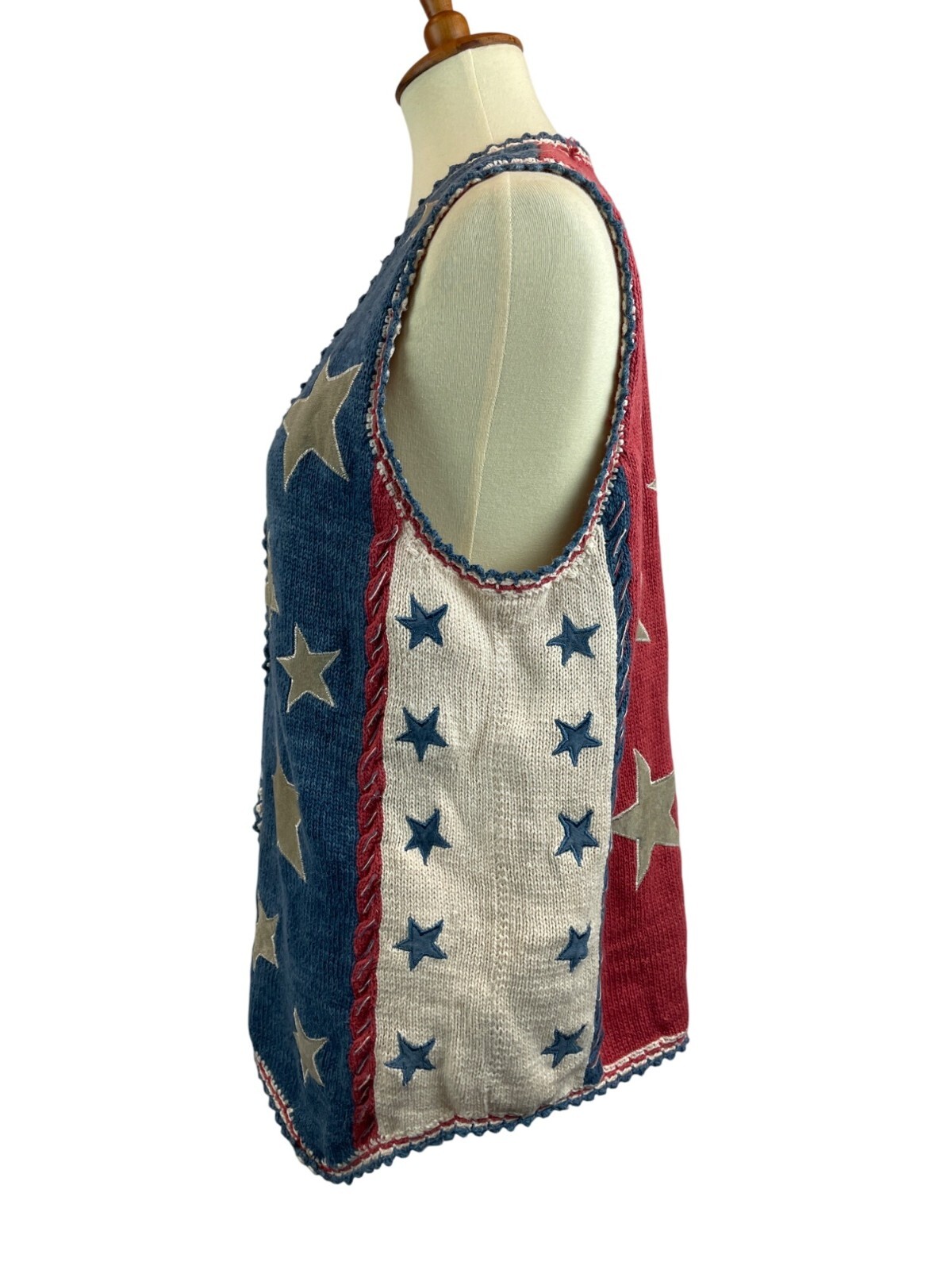 90s Patriotic Knit Sweater Vest Cambridge Country Store Suede Stars Size L Vinta