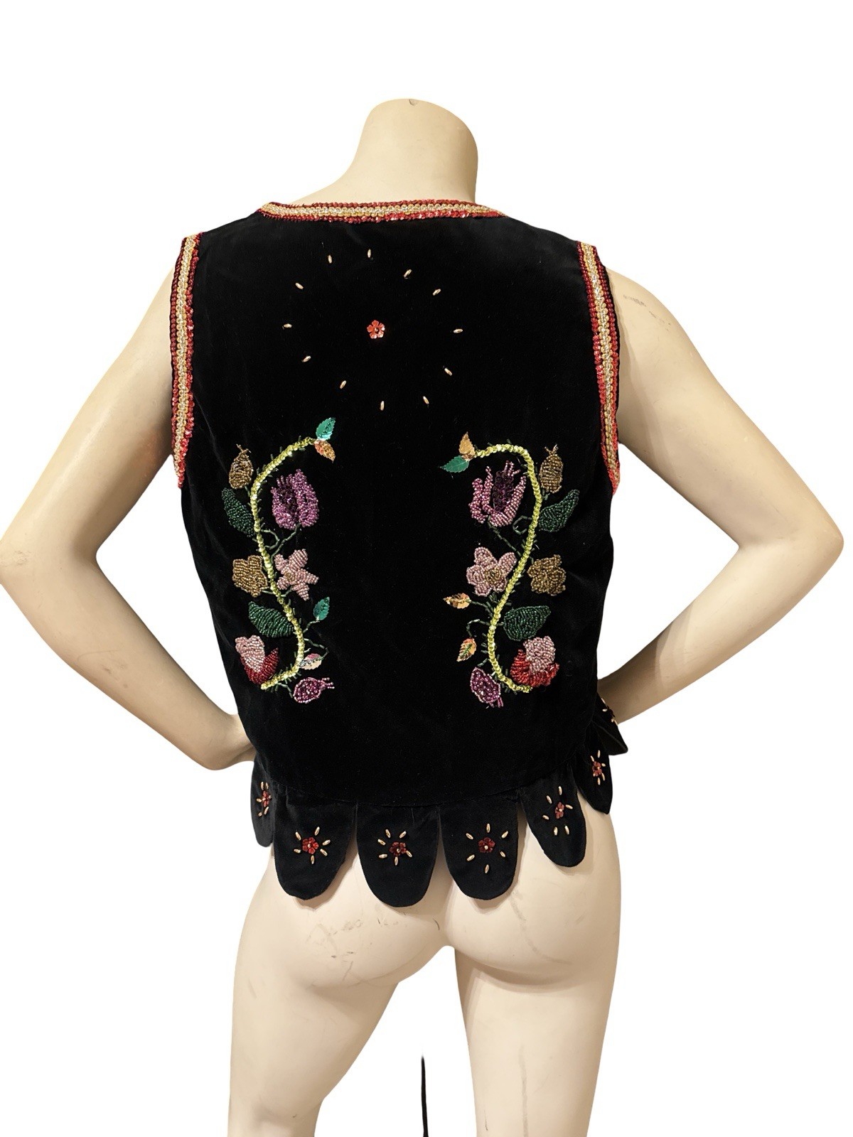 VTG Polish Folk Vest Velvet Beaded & Sequin Corset Black/Multicolor 38 Inch Bust
