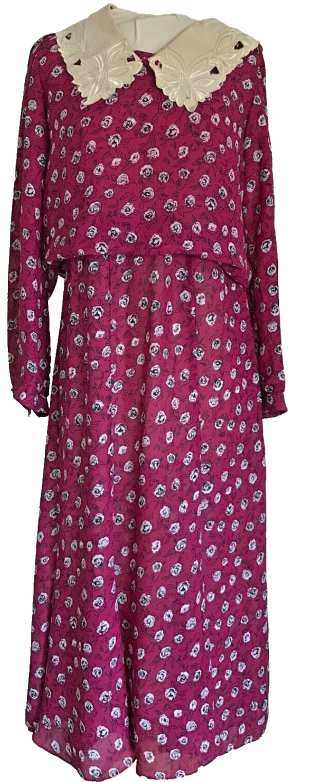 Vintage Sally Lou Cottage Core Dress, Sailor Collar Magenta Chiffon Midi