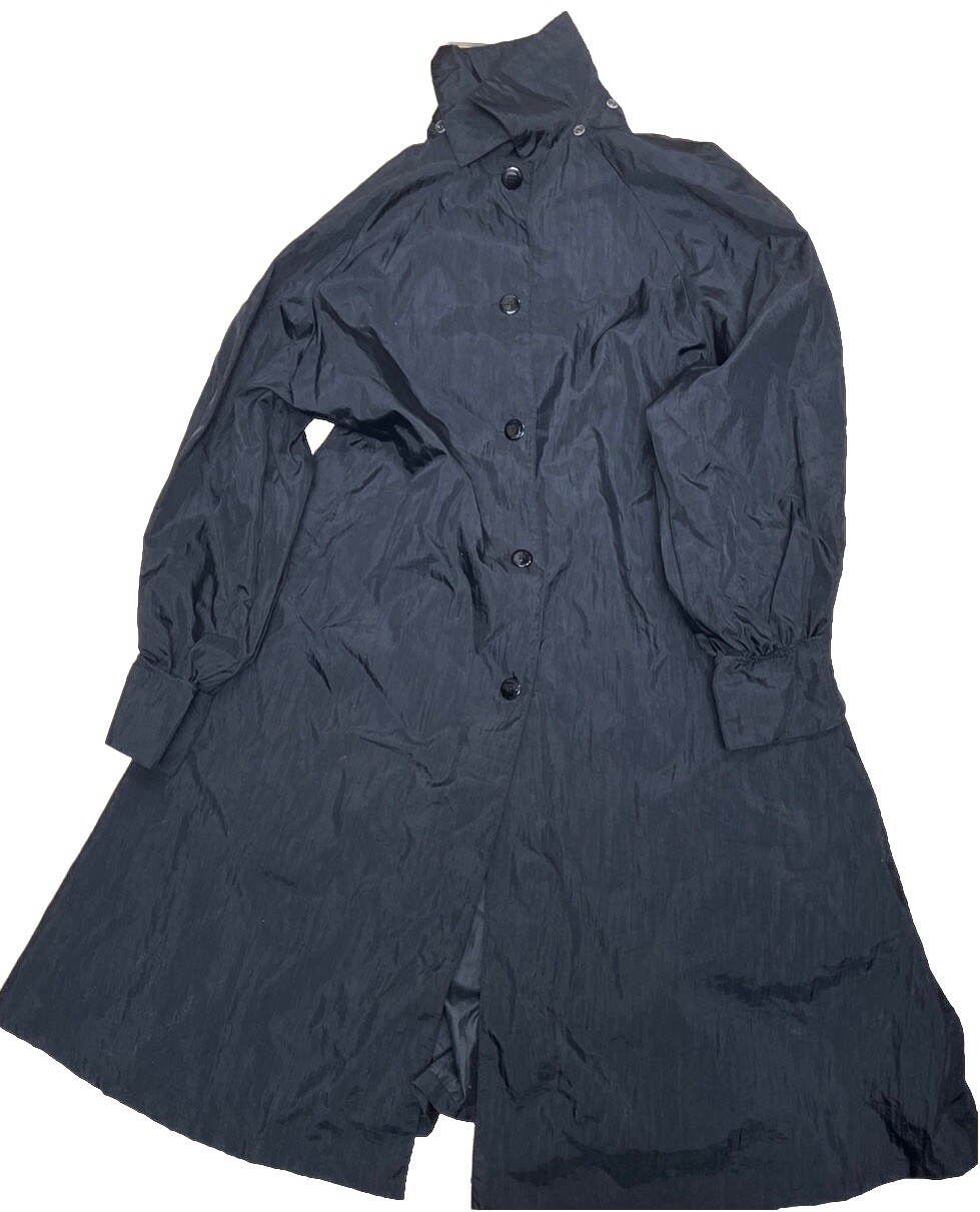 Womens Black Aqua Sheen Nylon Trench / Rain Coat – Size L