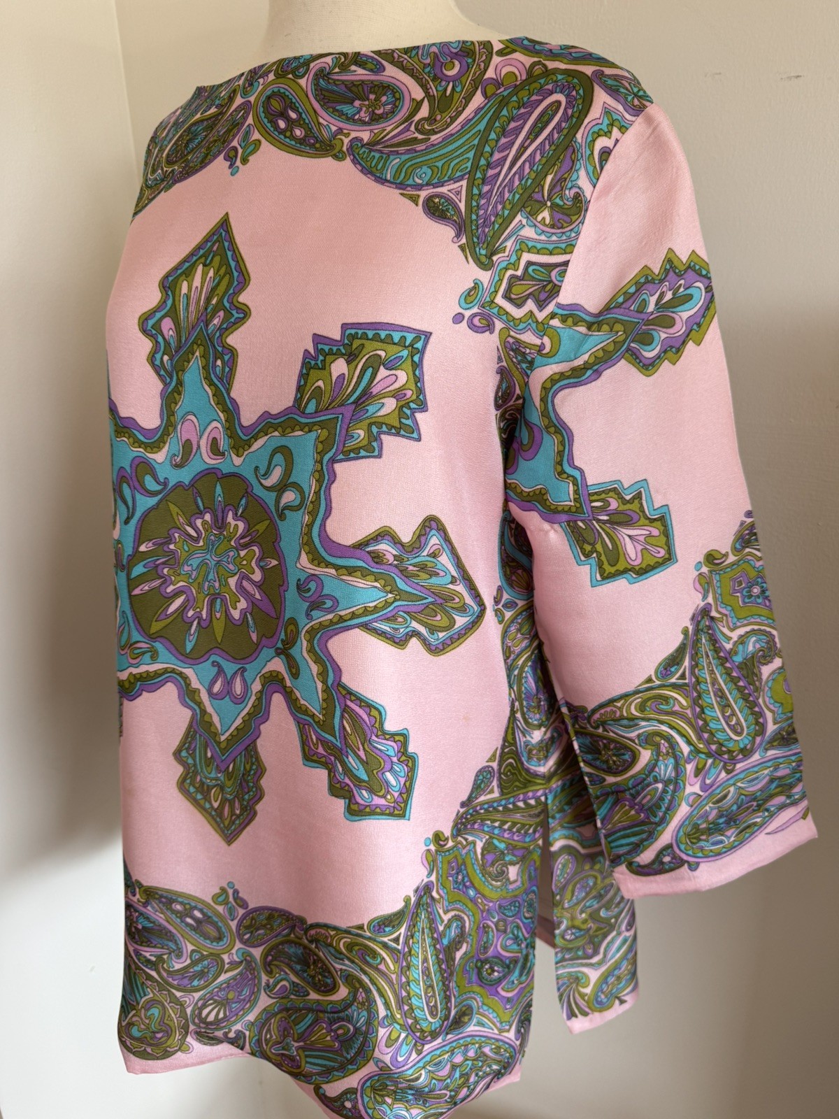 Vintage Anne Rubin Imports 1960s Silk Couture Italy paisley pink Top