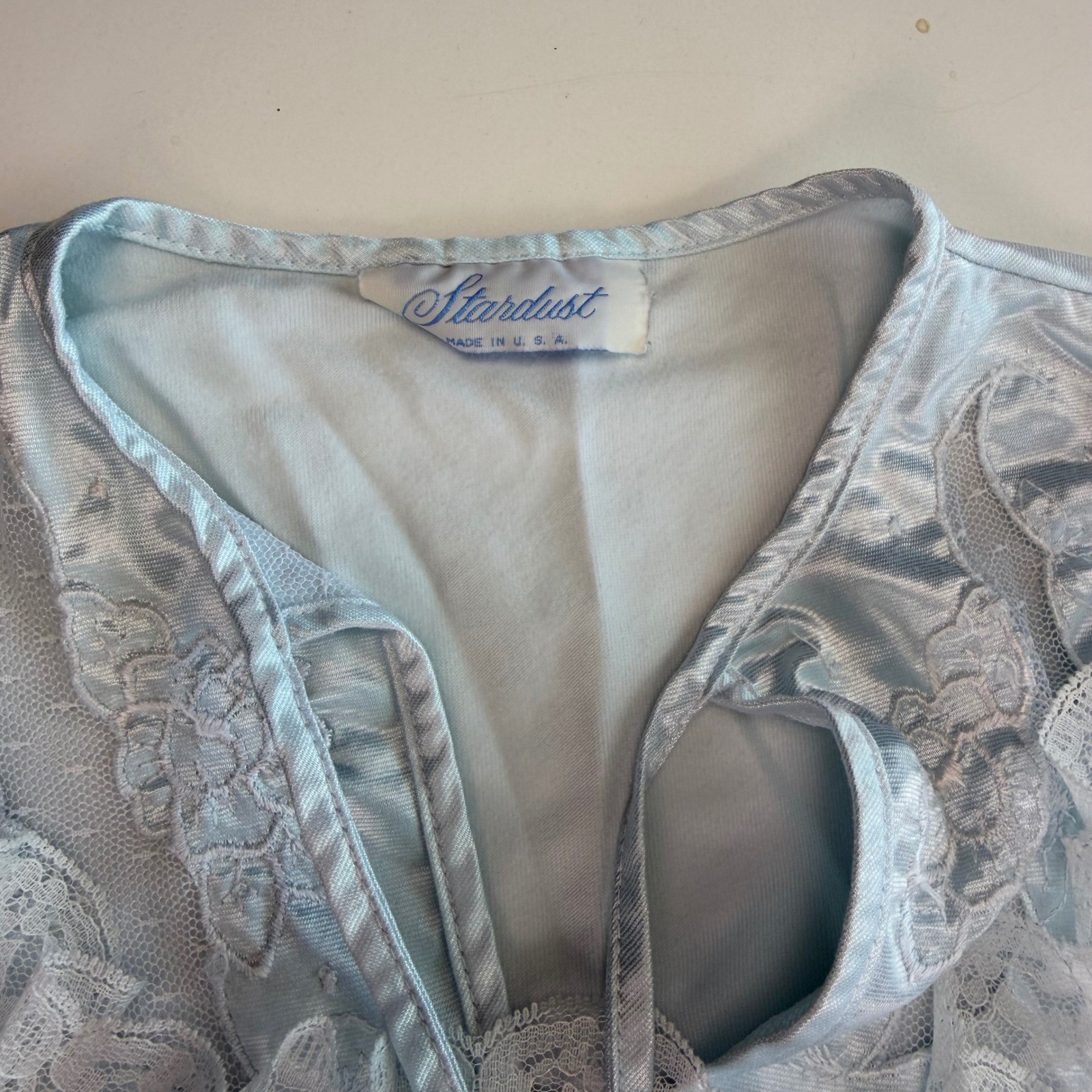 Vintage Stardust Blue Satin Lace Nightgown Long Sleeve Soft Ruffle Hem Small