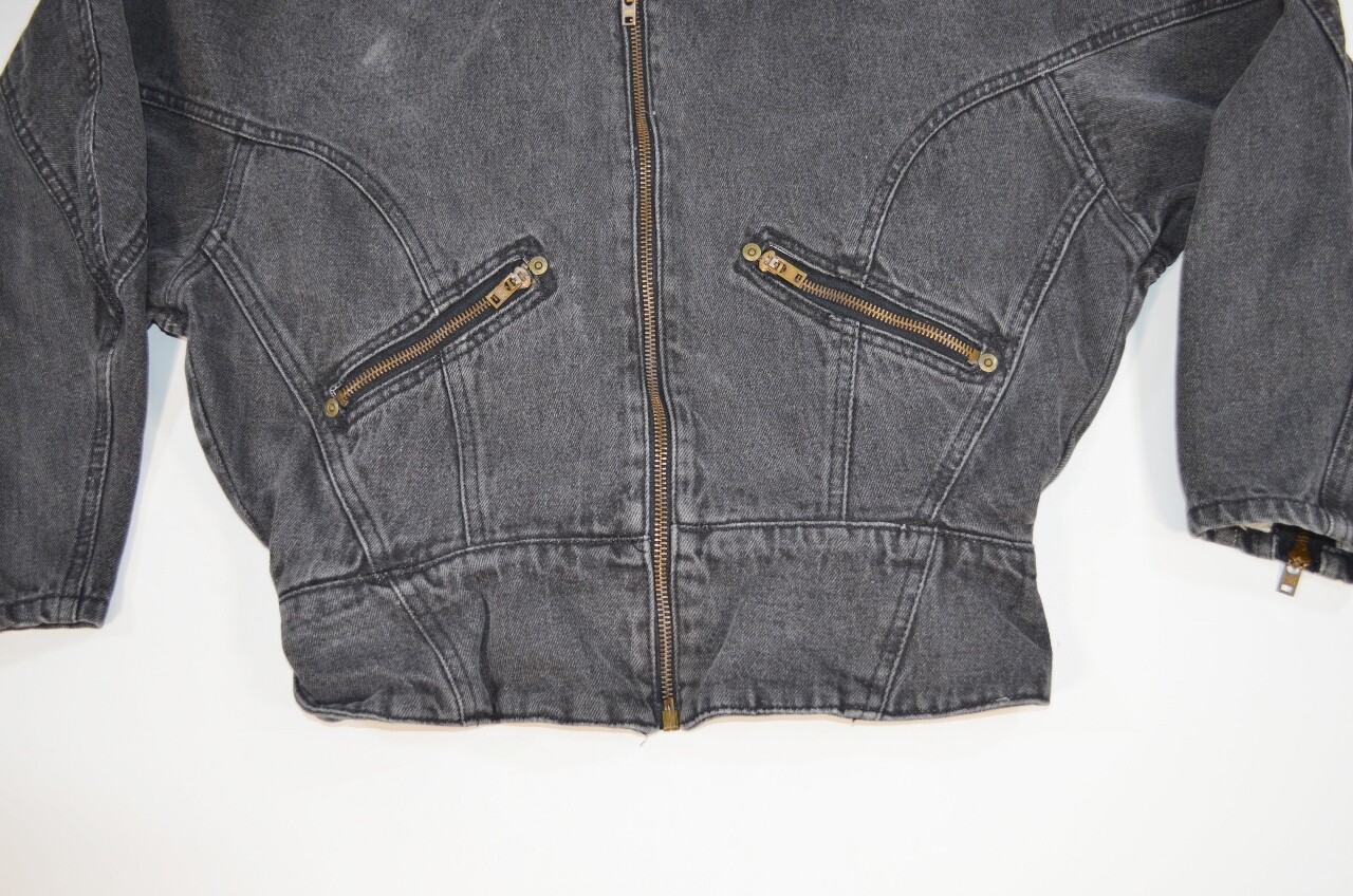 VTG 80s 90s Oxygen Denim Jacket Grey Full Zip Bat Sleeve Back Waist Elastic S