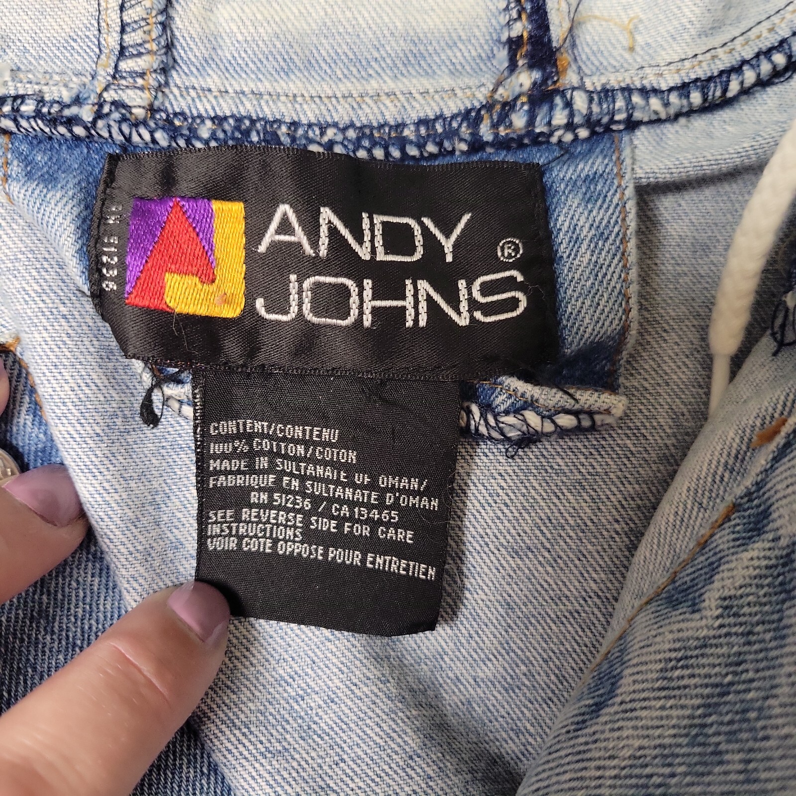 VTG ANDY JOHNS Denim Jacket Drawstring Hooded Grunge 90s 80s Light Wash READ