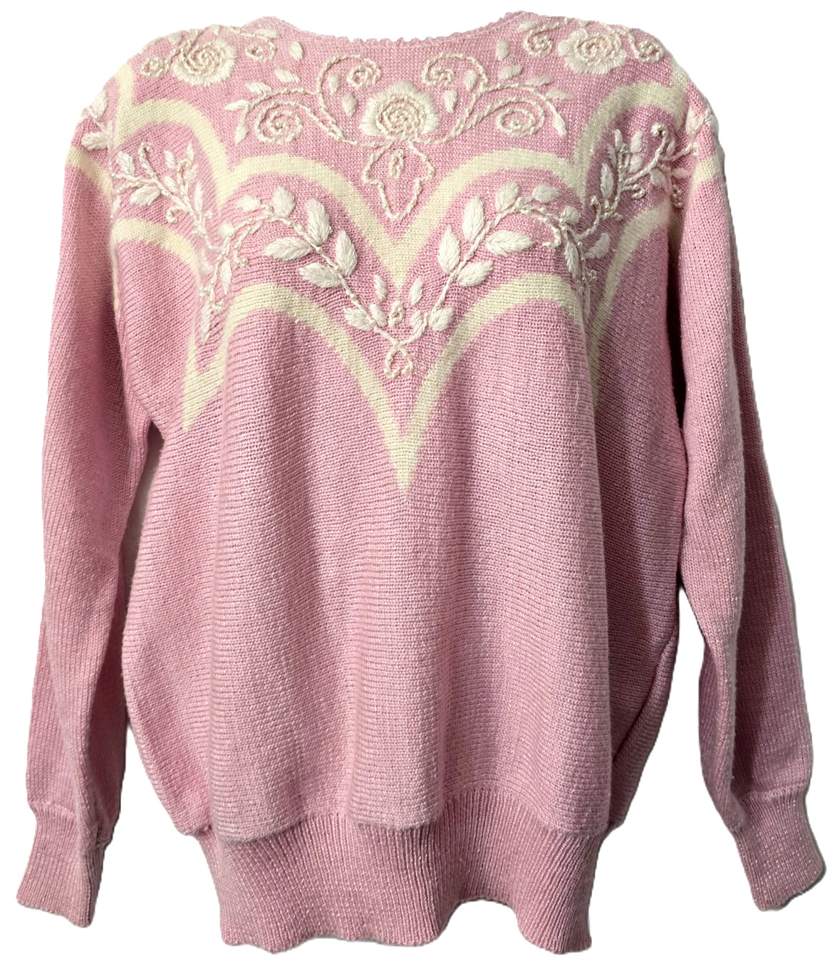 Vintage Embroidered Feminine Sweater Top M Beaded Girly Kawaii Pink Ivory 90s