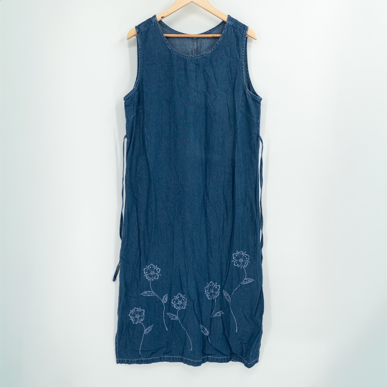 Vintage Denim Maxi Dress XL Blue Floral Embroidery 90s Miss Honey Butter Mom