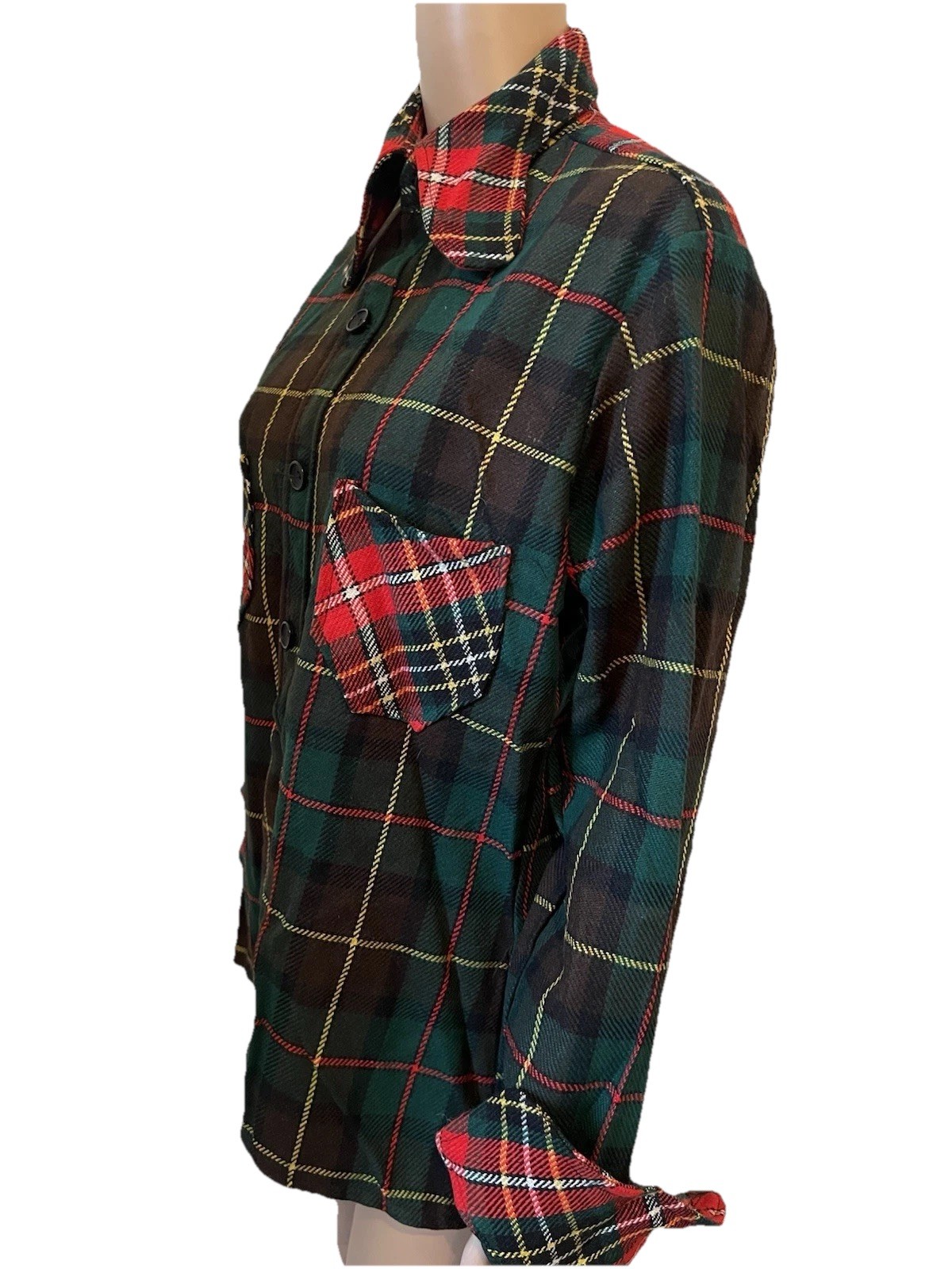 Vintage 1970s Green/Red Tartan Plaid Wool Blouse Women’s L Wide Collar Pockets