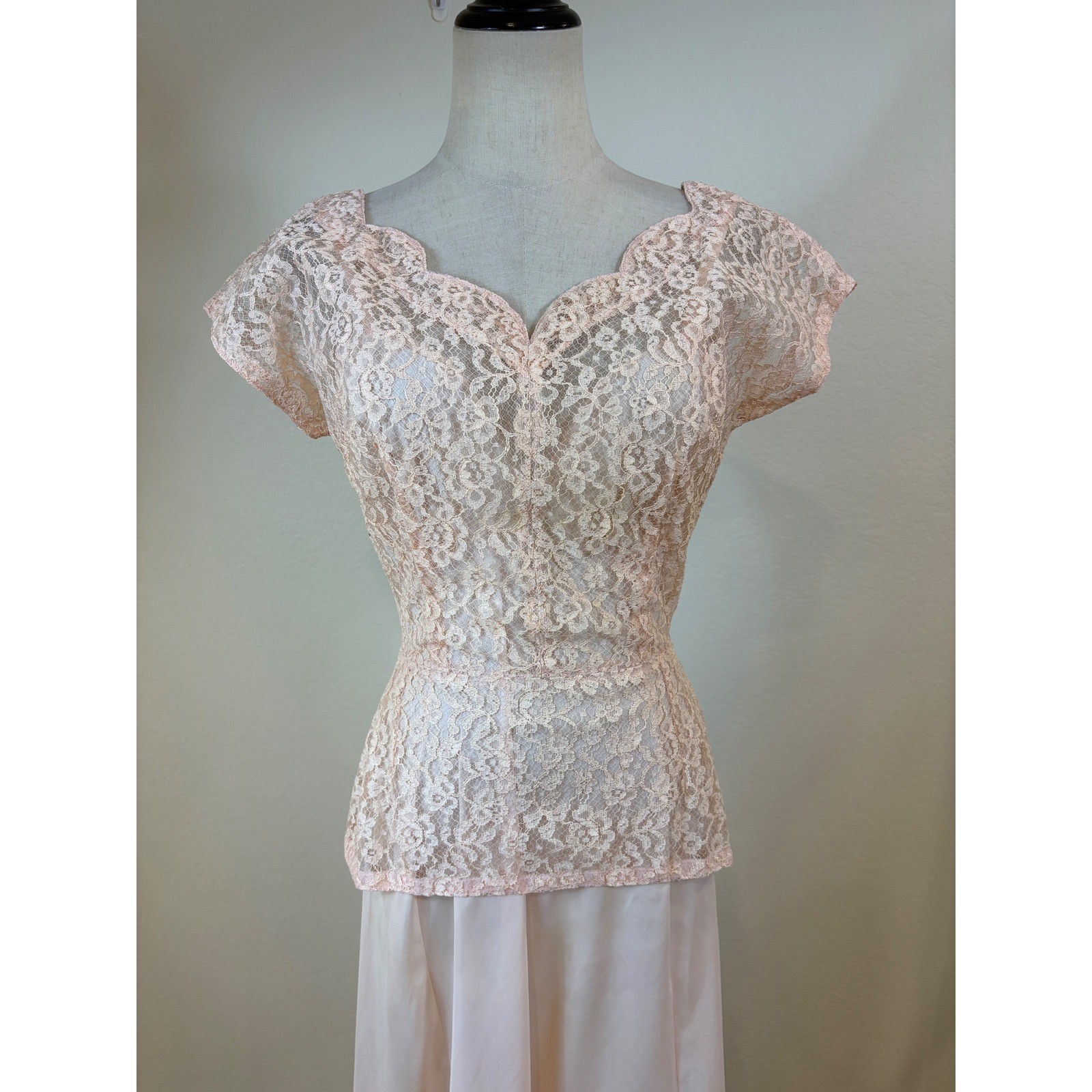 Vtg 50s Lace Top Scarf Slip Set S Pink 3pc Ensemble Romantic Formal cocktail