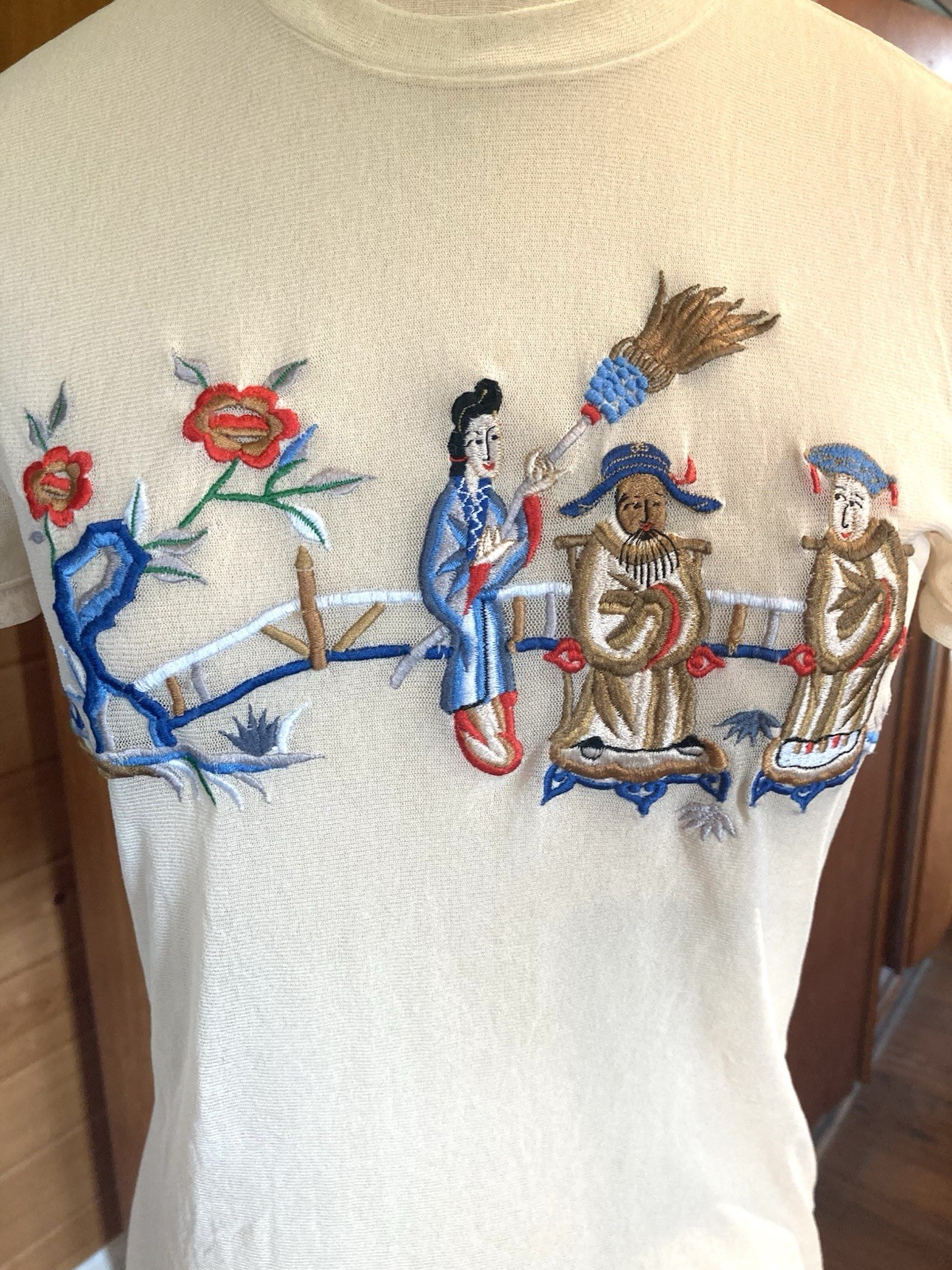 Vintage 1990s Vivienne Tam mesh top embroidered Asian figures, flowers