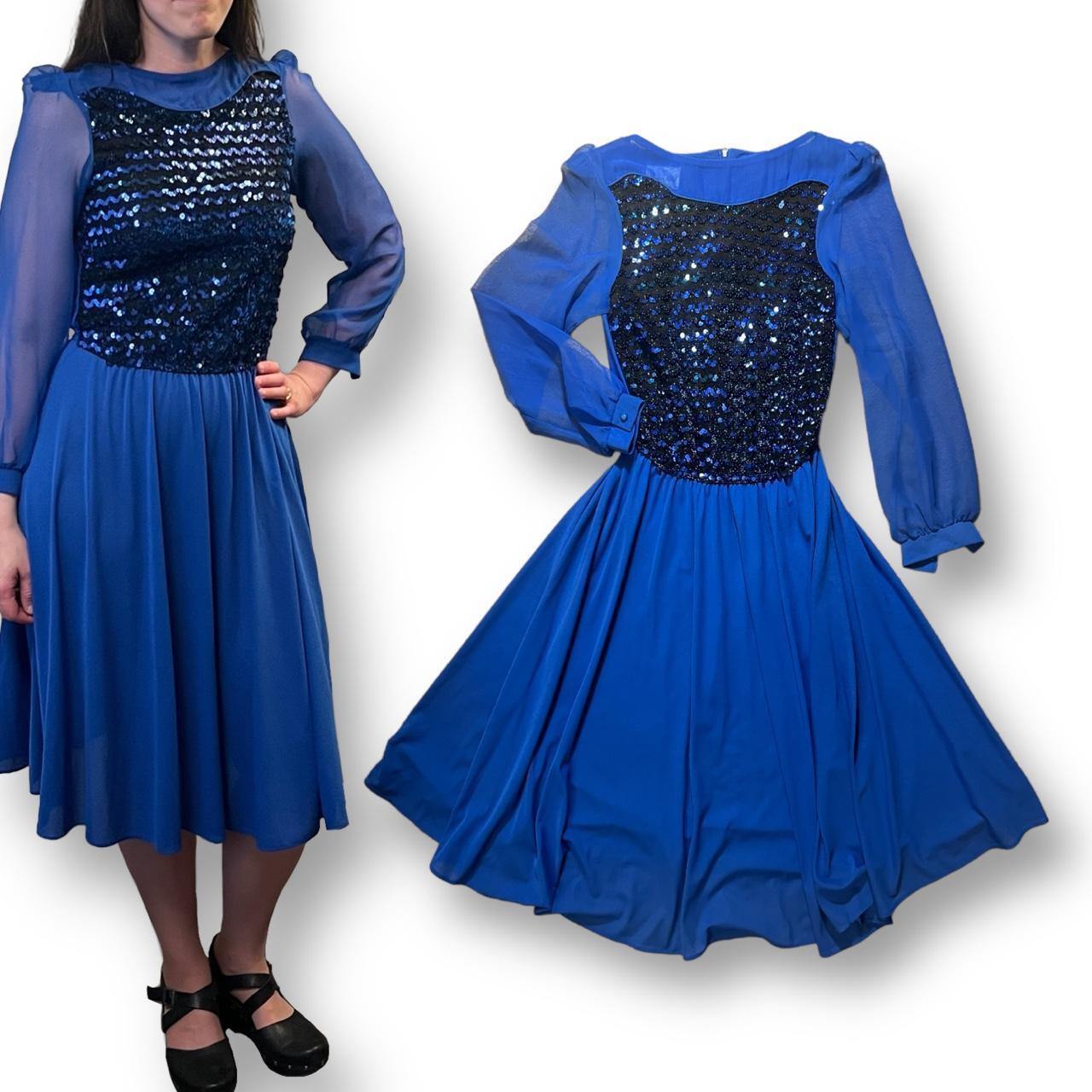 Gauzy Puff Sleeve Zig Zag Sequin Vintage 70s Dress Knee Length Fairy Boston Maid