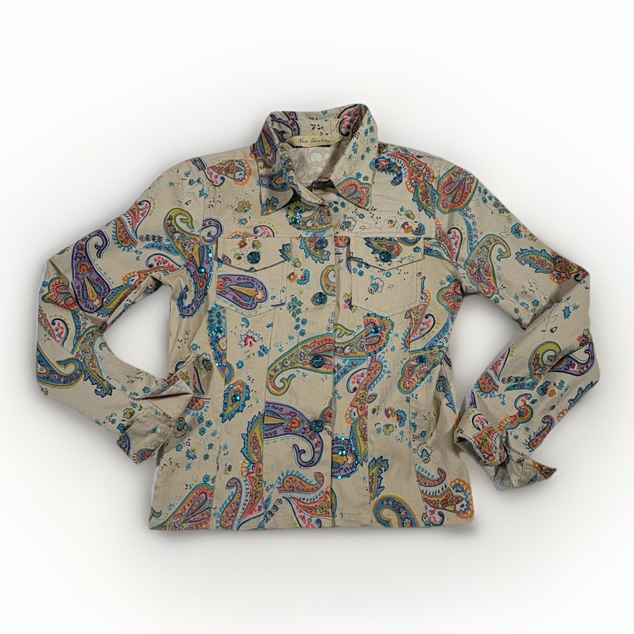 VTG 90s Paisley Sequin Gems Stretchy Fitted Cotton Layering Blazer Jacket S(A30)