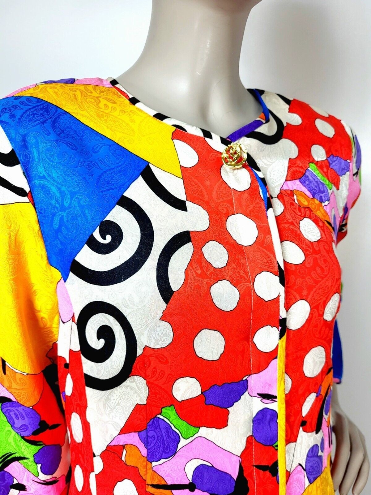Vintage 80s Diane Feiss 100% Silk High Shoulder Colorful Mixed Media Blouse M/L