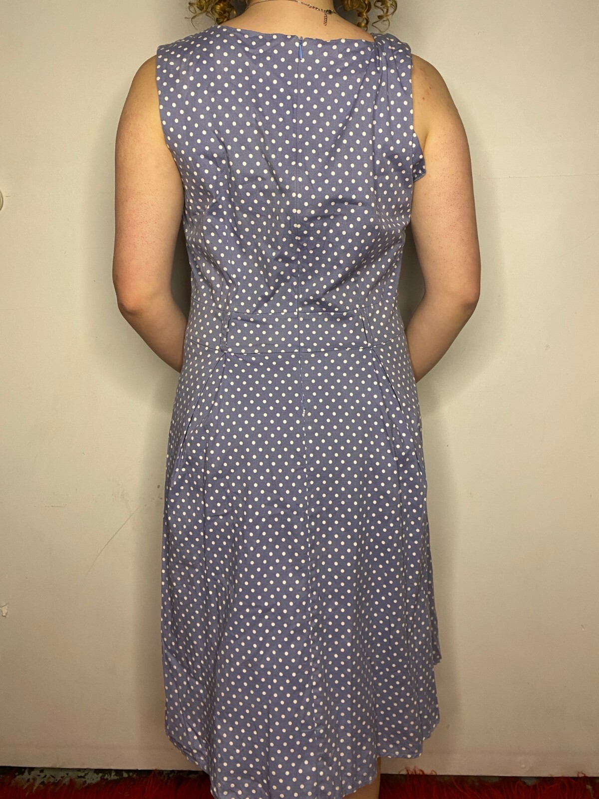 Vintage 1980s Pale Blue Polka Dot Box Pleat Party Sun Dress AU 14