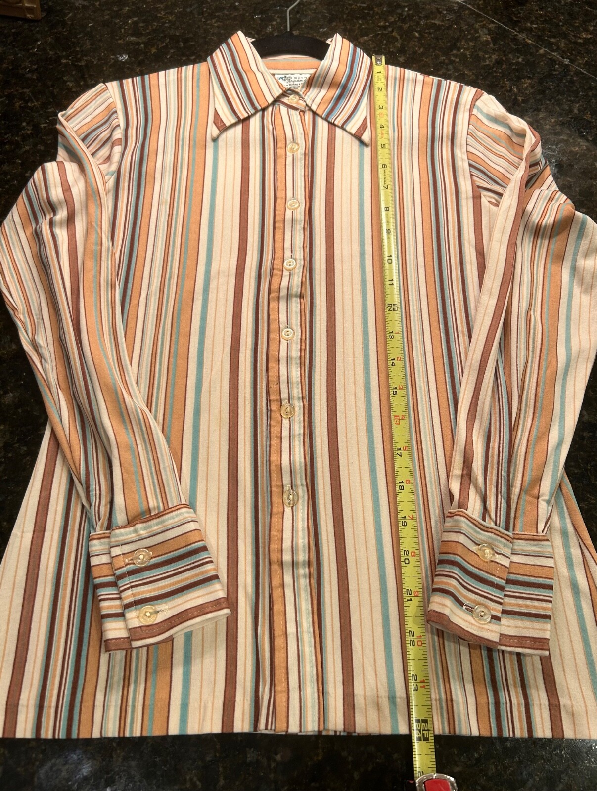 1970s woman’s brown, teal, cream stripe long sleeve, excellent condition