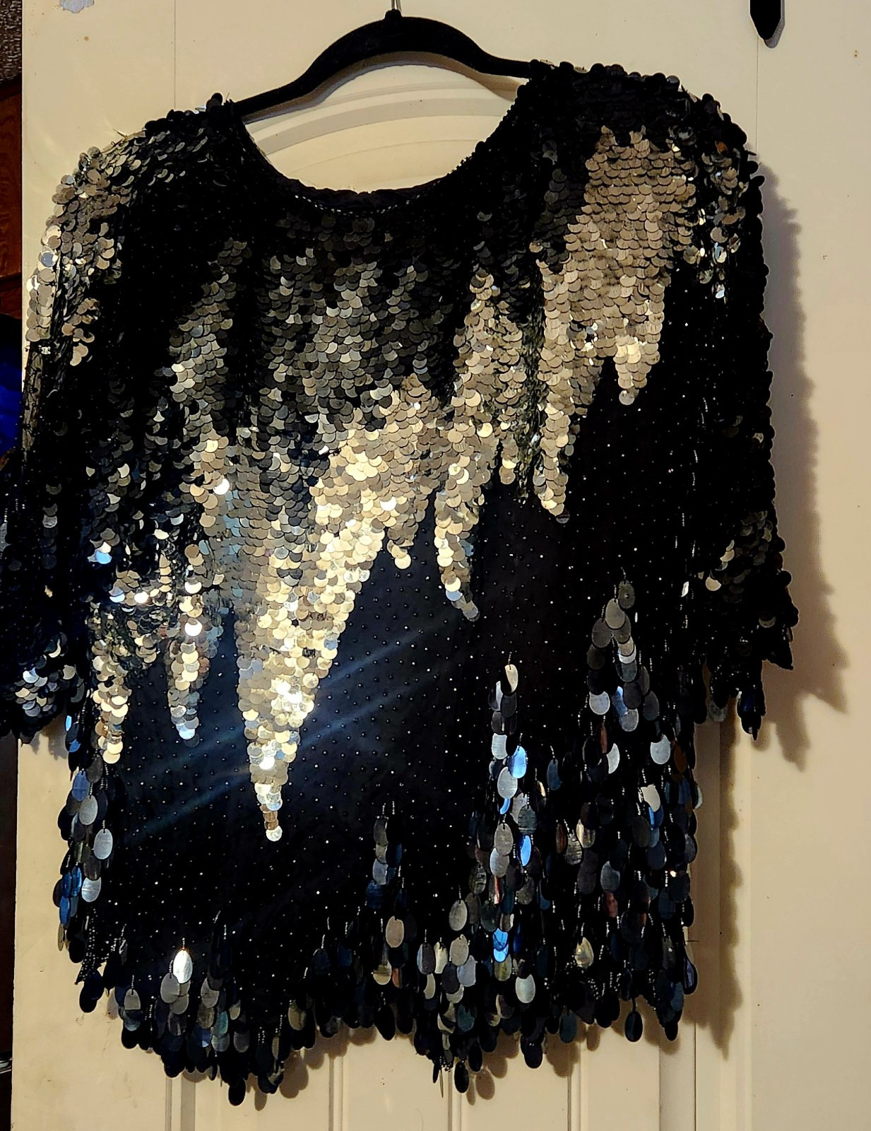 Vintage Black/Gray/Silver/ Beaded Sequined Silk Top EUC