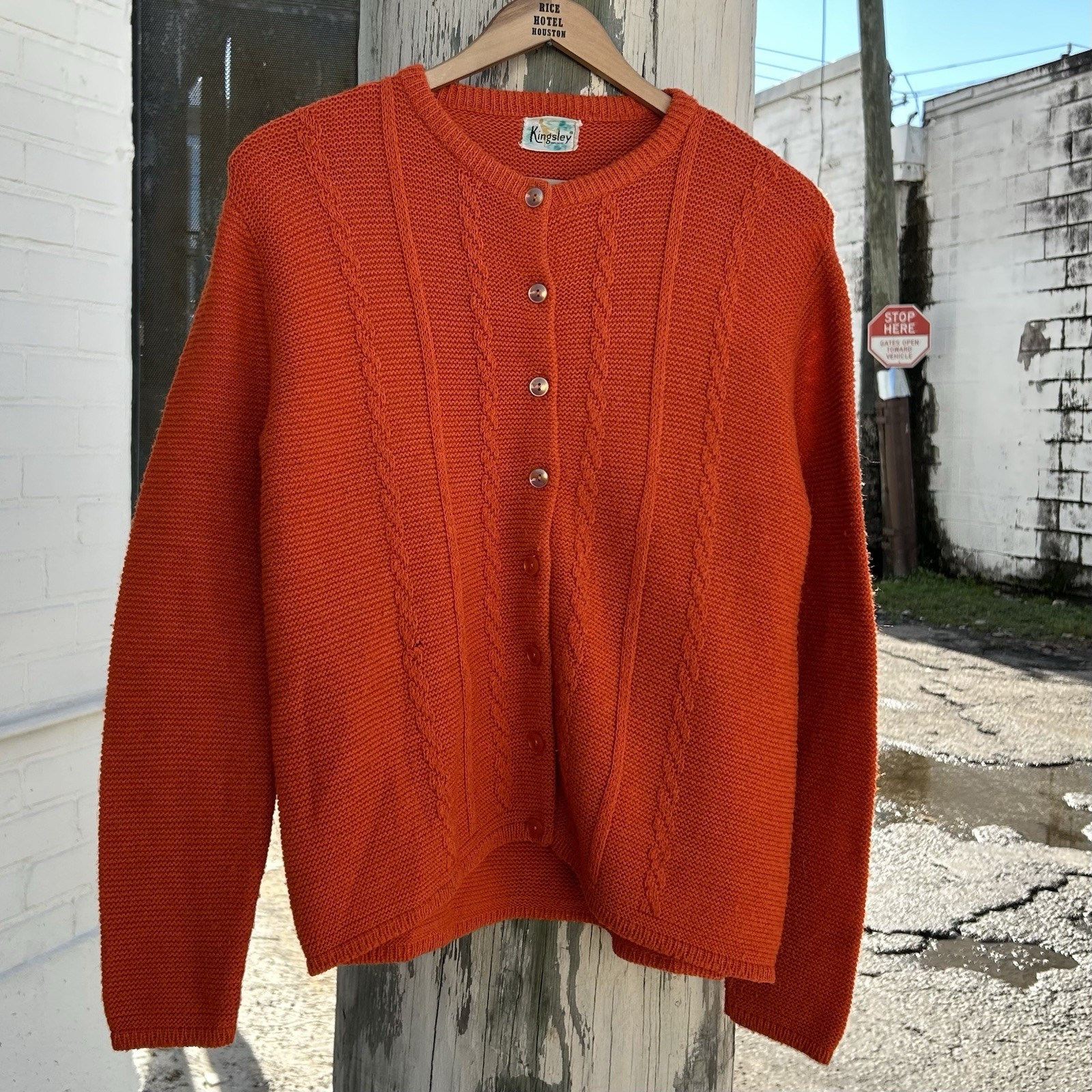 Vintage 1960s Kingsley Orange Indie Preppy Cable Knit Cardigan Sweater