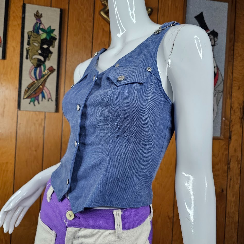 Vtg 90s do 70s Cowgirl Renaissance Western Chambray Denim Vest Hillbilly Top XS