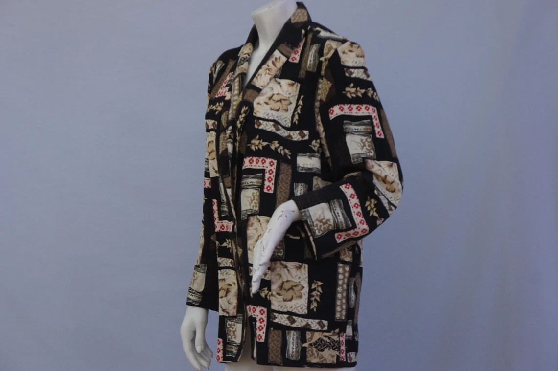 Vintage 90s Asian Patchwork Print Oversize Slouchy Blazer