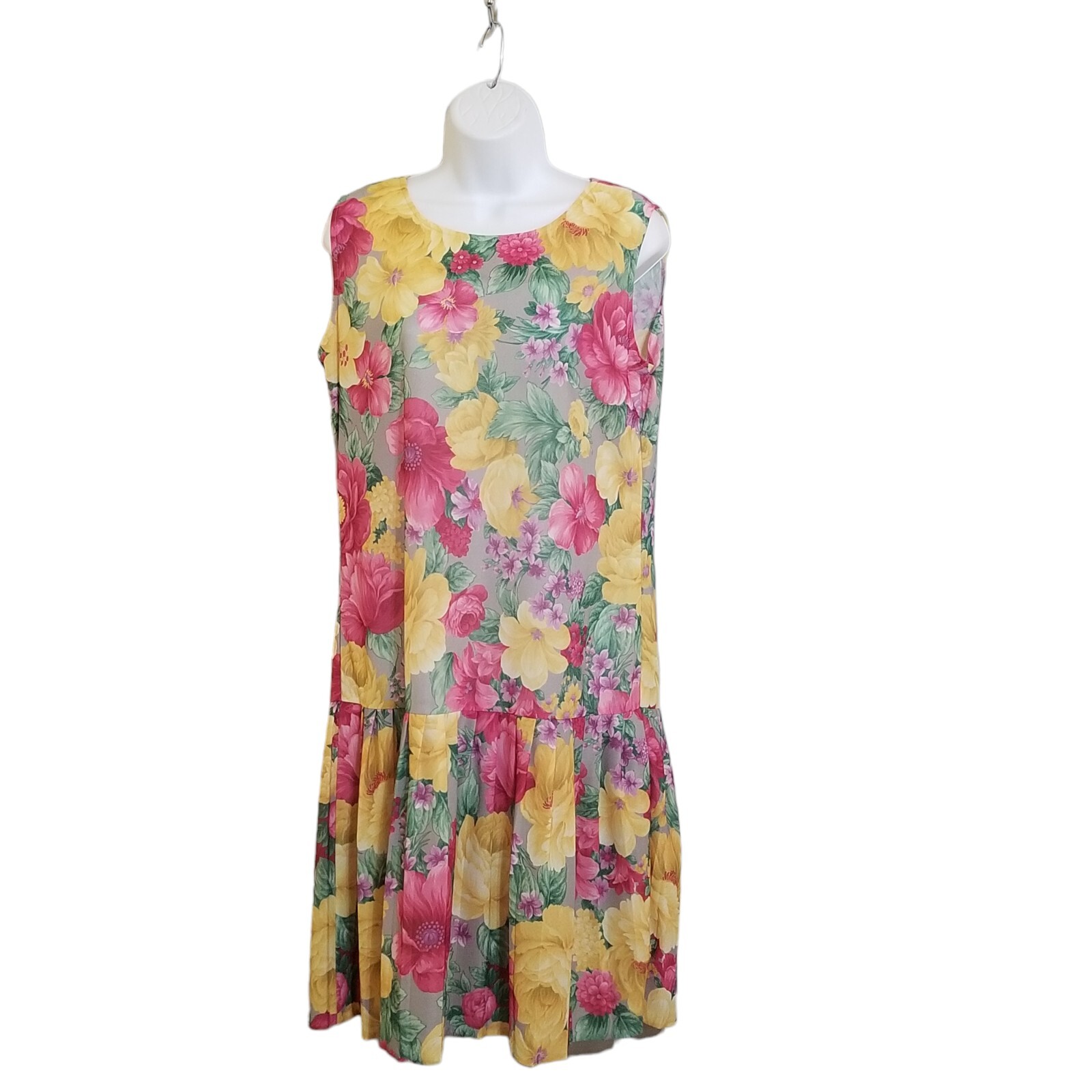 Vintage Womens Dress M/L Two Piece Below Knee Drop Waist Floral Pleated Yellow