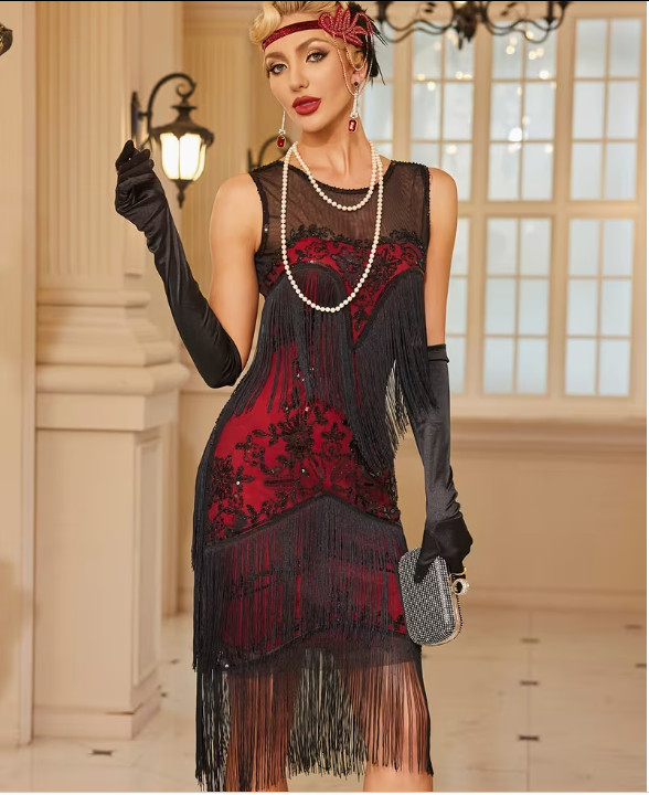 FLAPPER 1920s DRESS- Red Sequin Beaded and Fringed Dress, Gatsby Party 3 Sizes