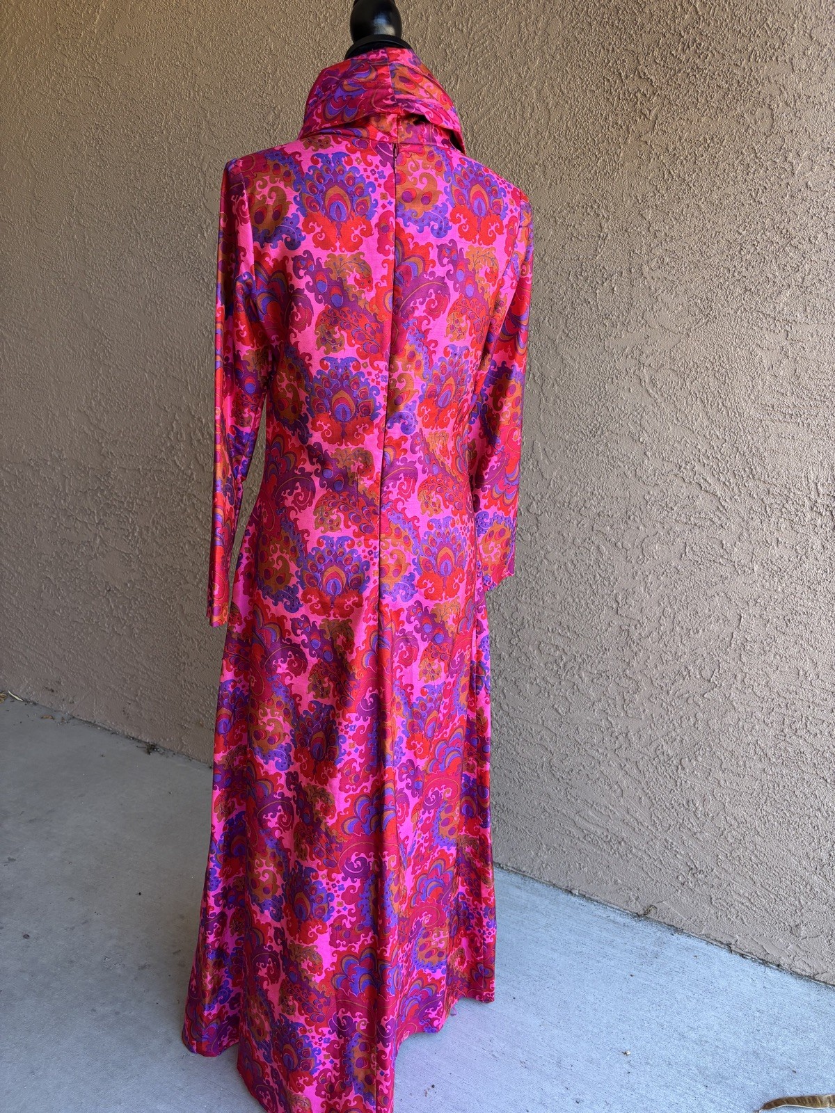 Vintage Thai Silk Bright Pink Psychedelic Cowl Neck Maxi Dress
